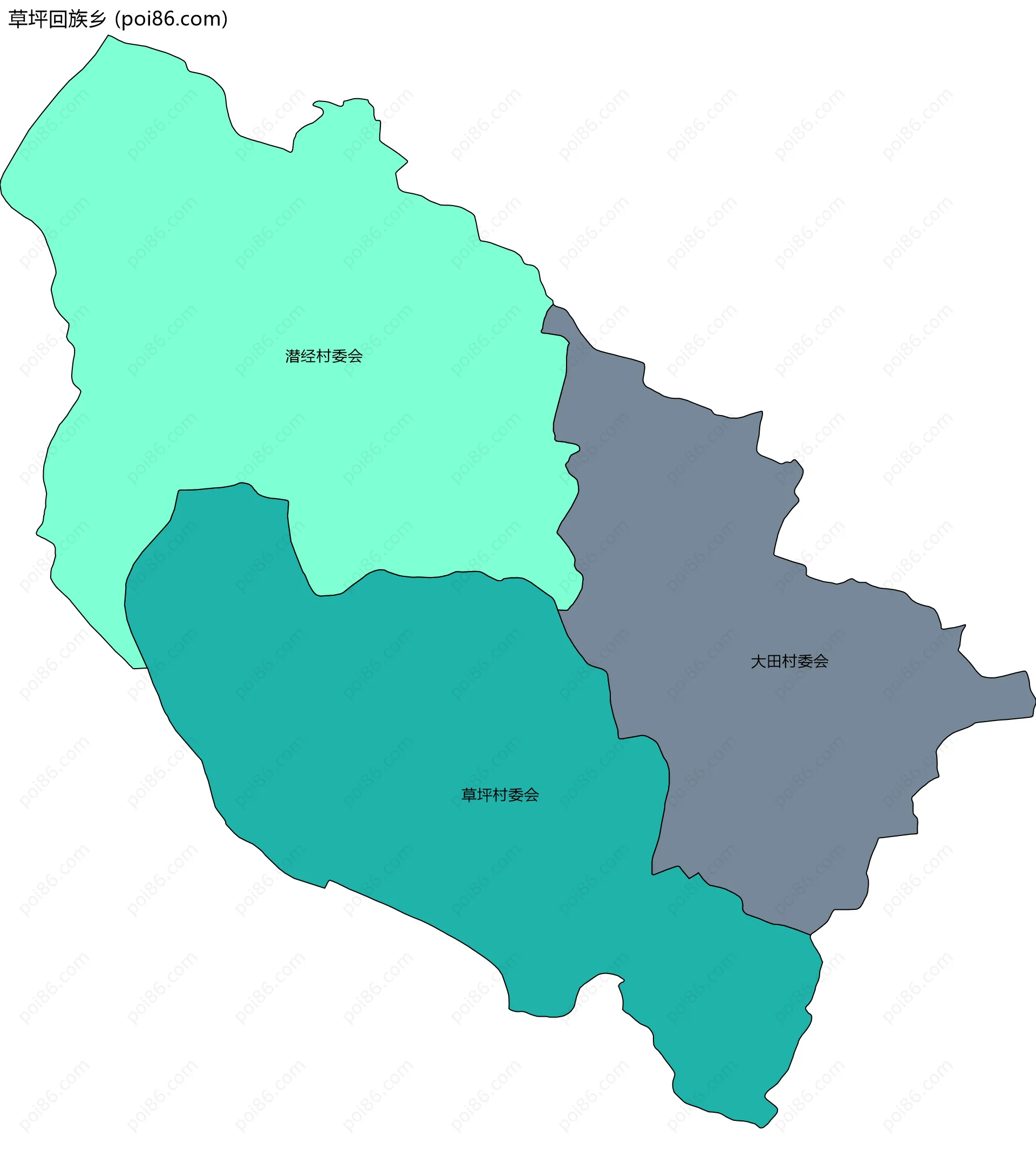 草坪回族乡边界地图(五级行政区划)