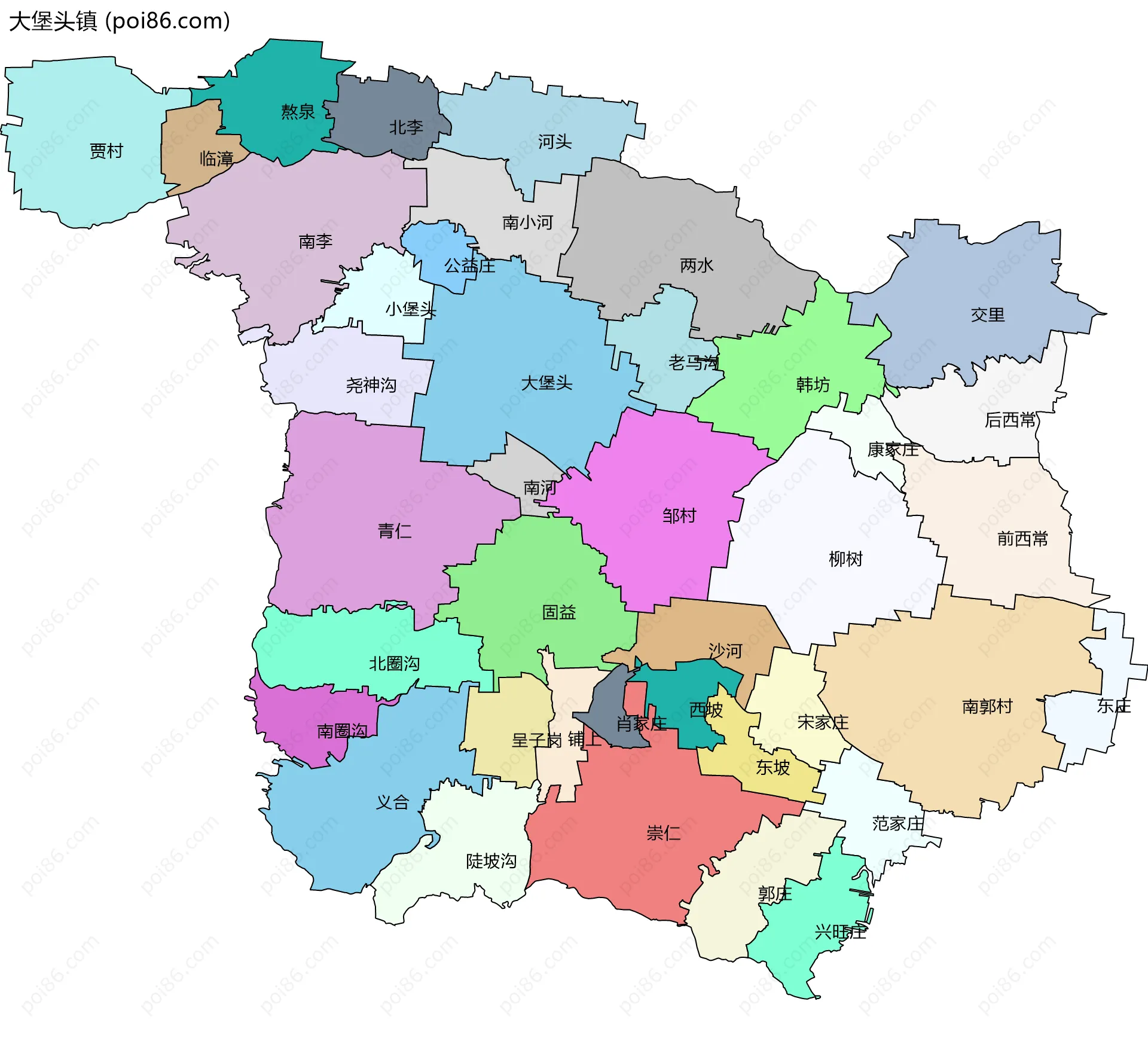 大堡头镇边界地图(五级行政区划)