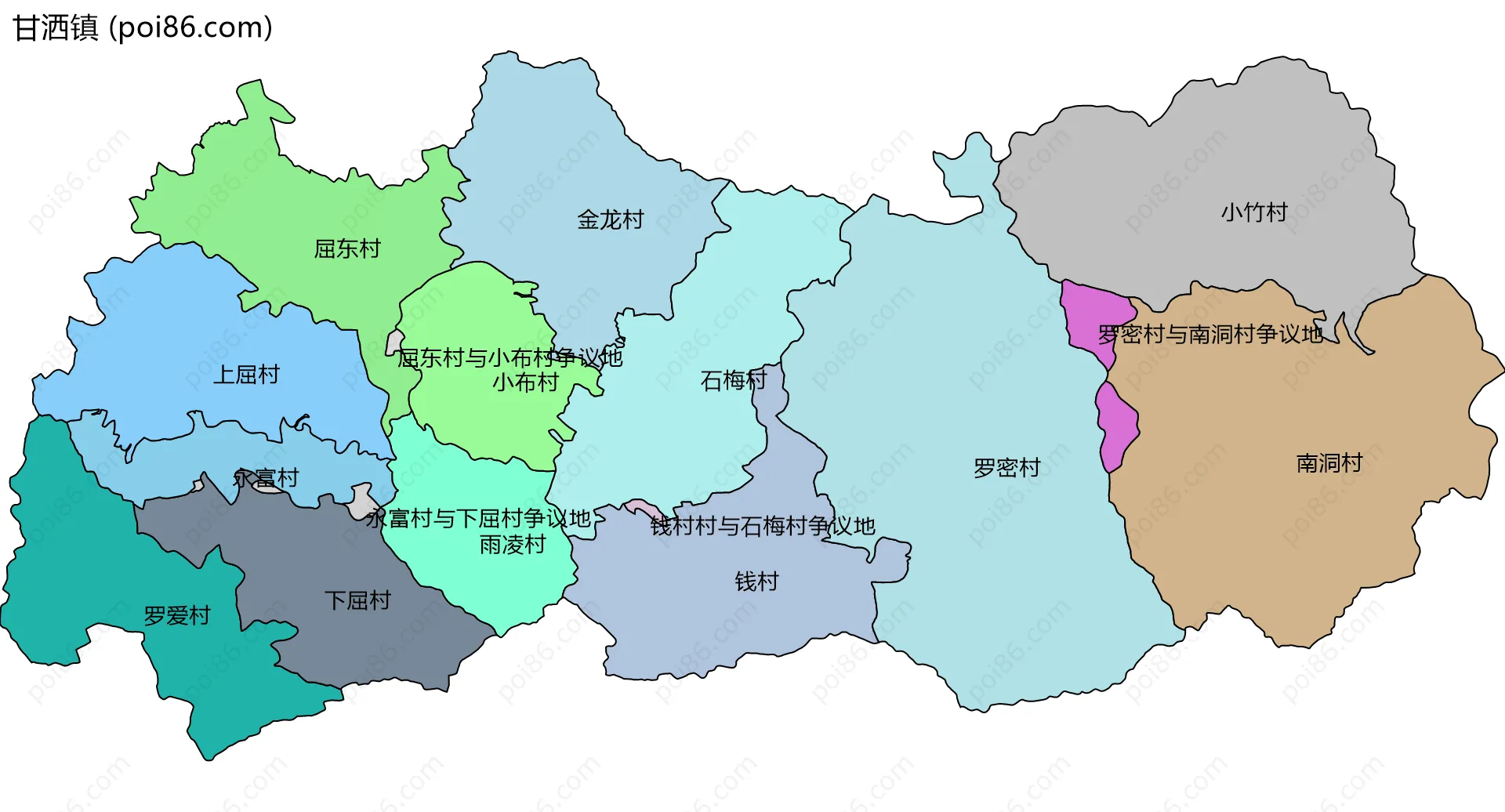 甘洒镇边界地图(五级行政区划)