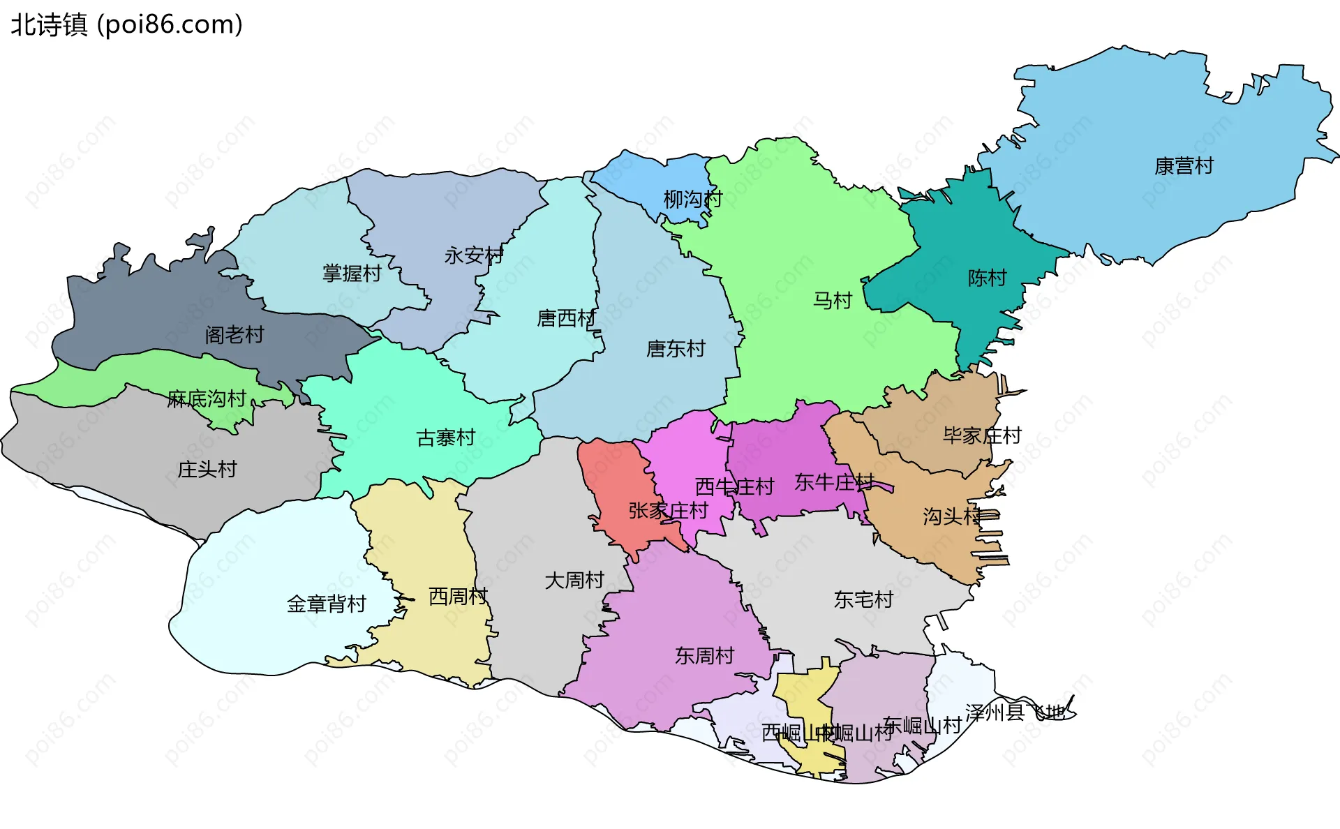北诗镇边界地图(五级行政区划)