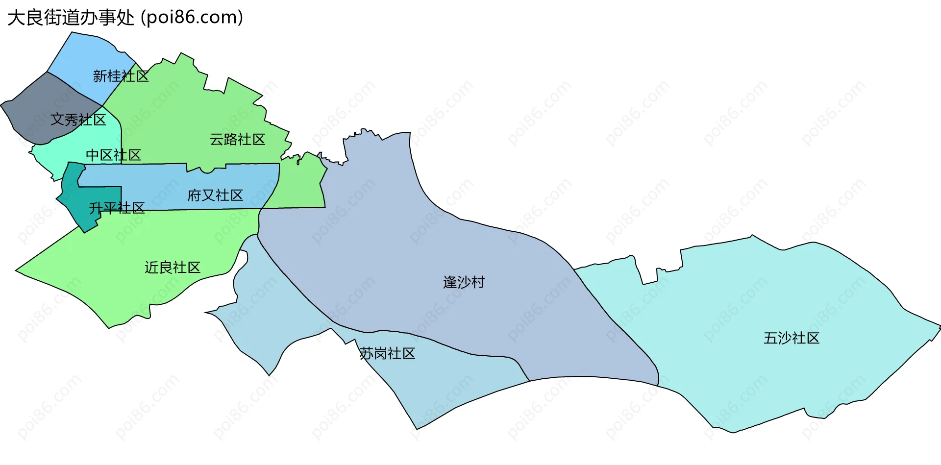大良街道办事处边界地图(五级行政区划)