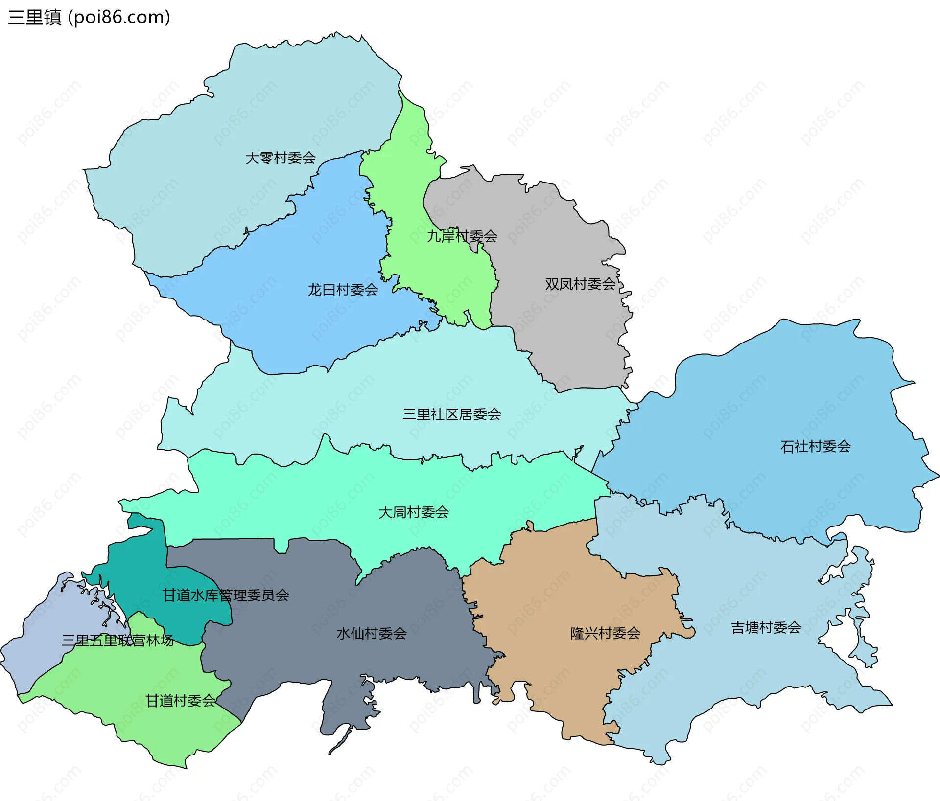 三里镇边界地图(五级行政区划)