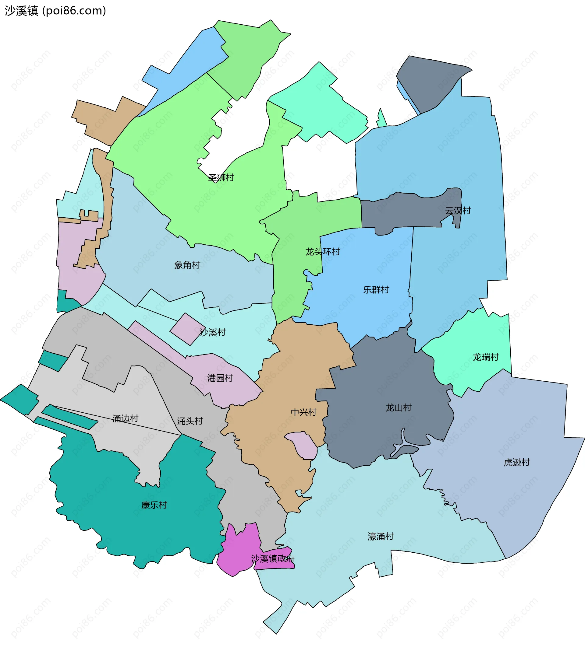 沙溪镇边界地图(五级行政区划)