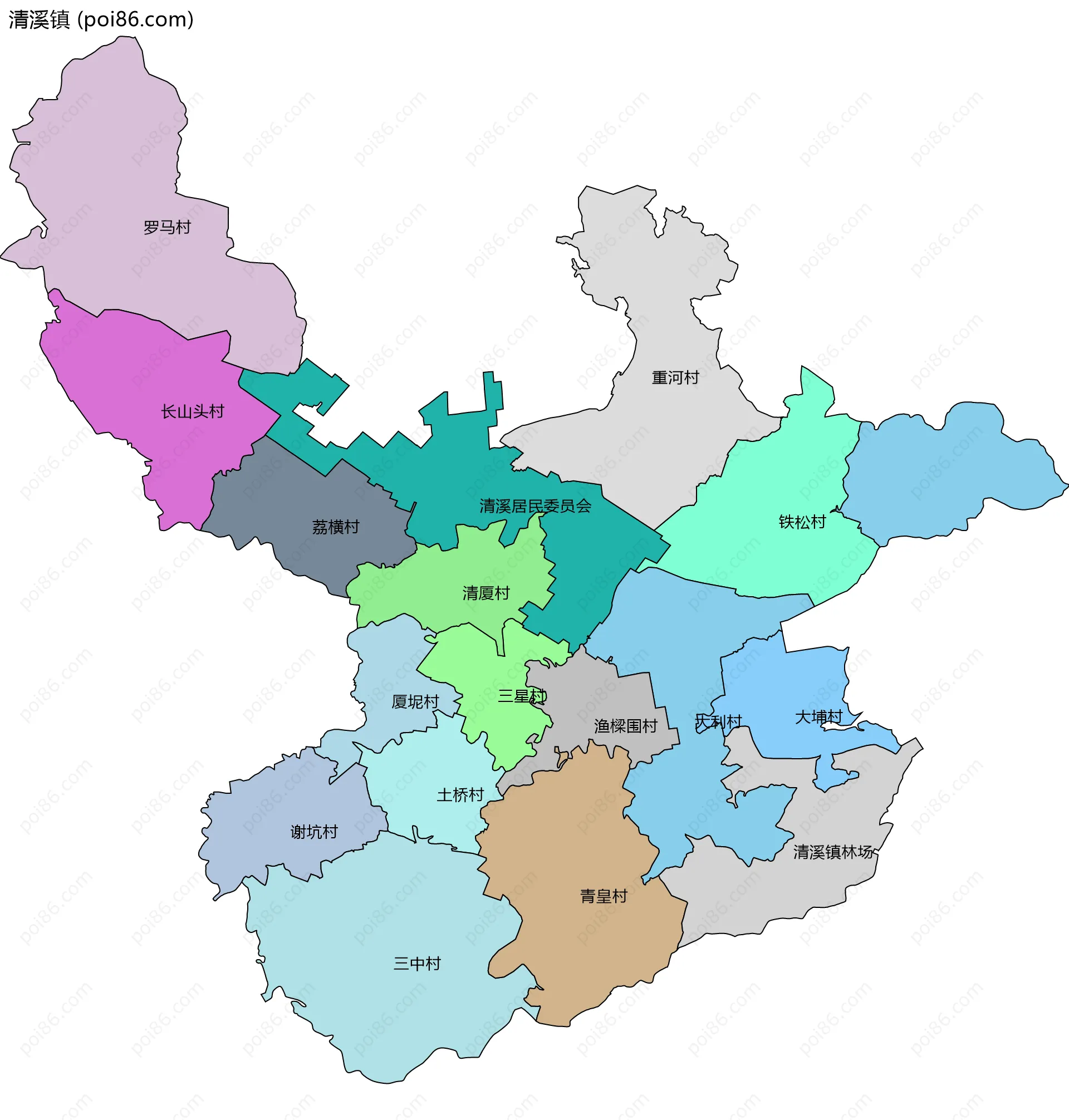 清溪镇边界地图(五级行政区划)