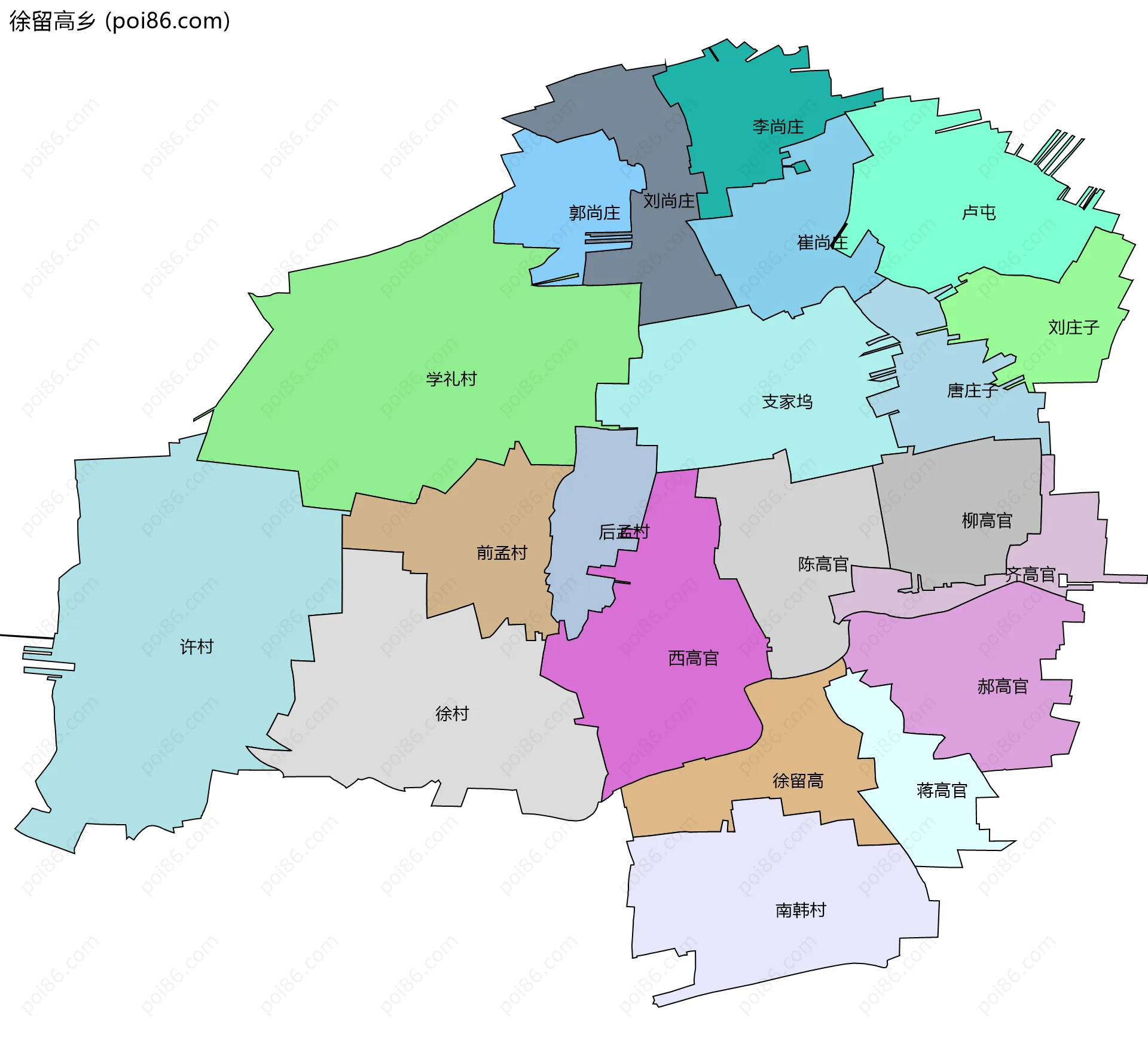 徐留高乡边界地图(五级行政区划)