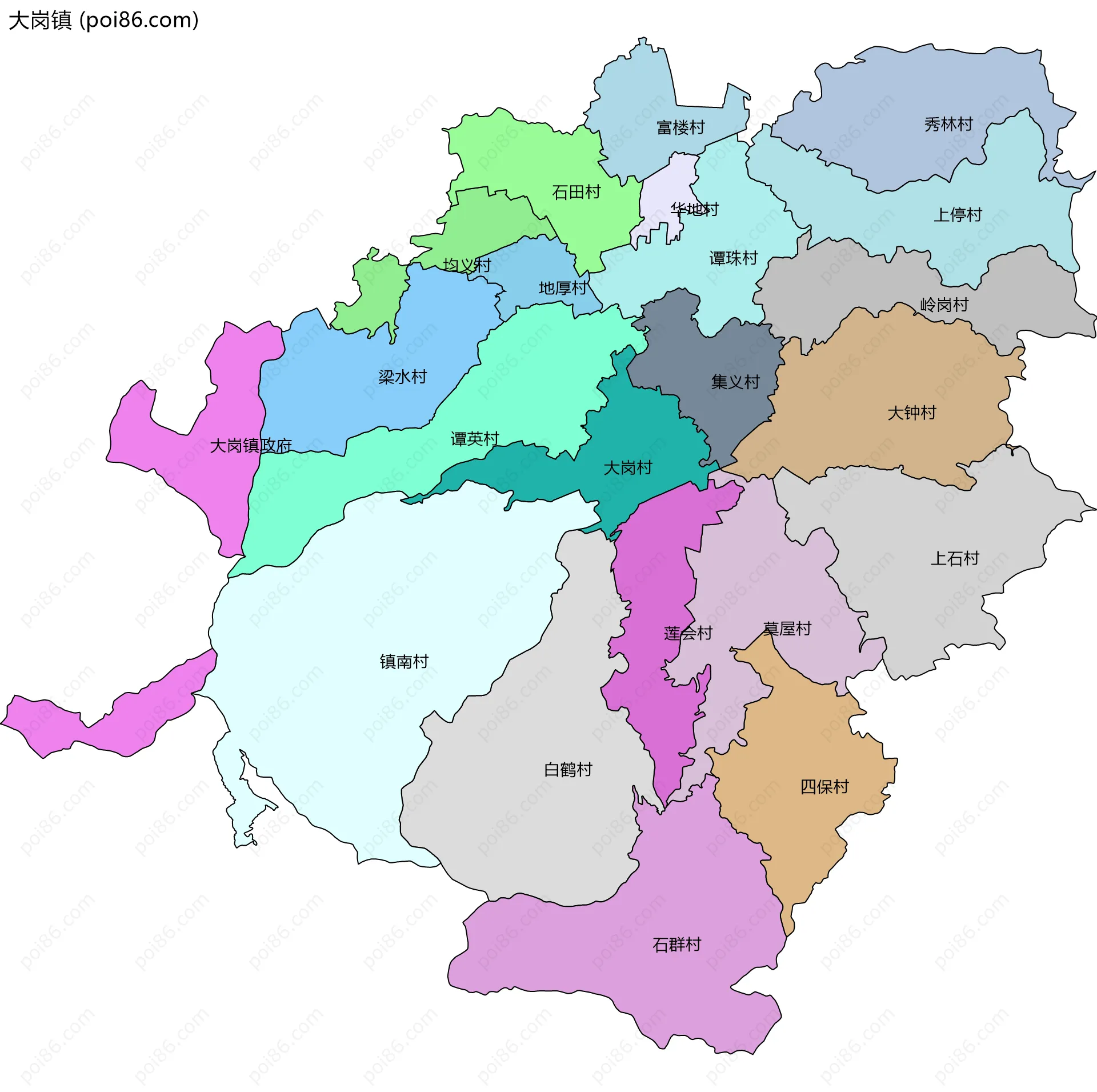 大岗镇边界地图(五级行政区划)