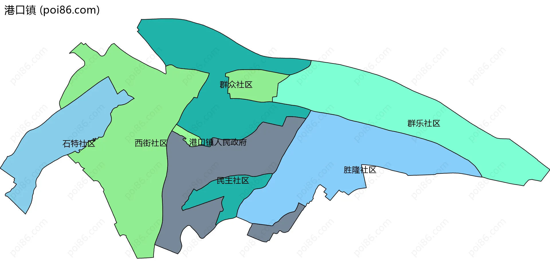 港口镇边界地图(五级行政区划)