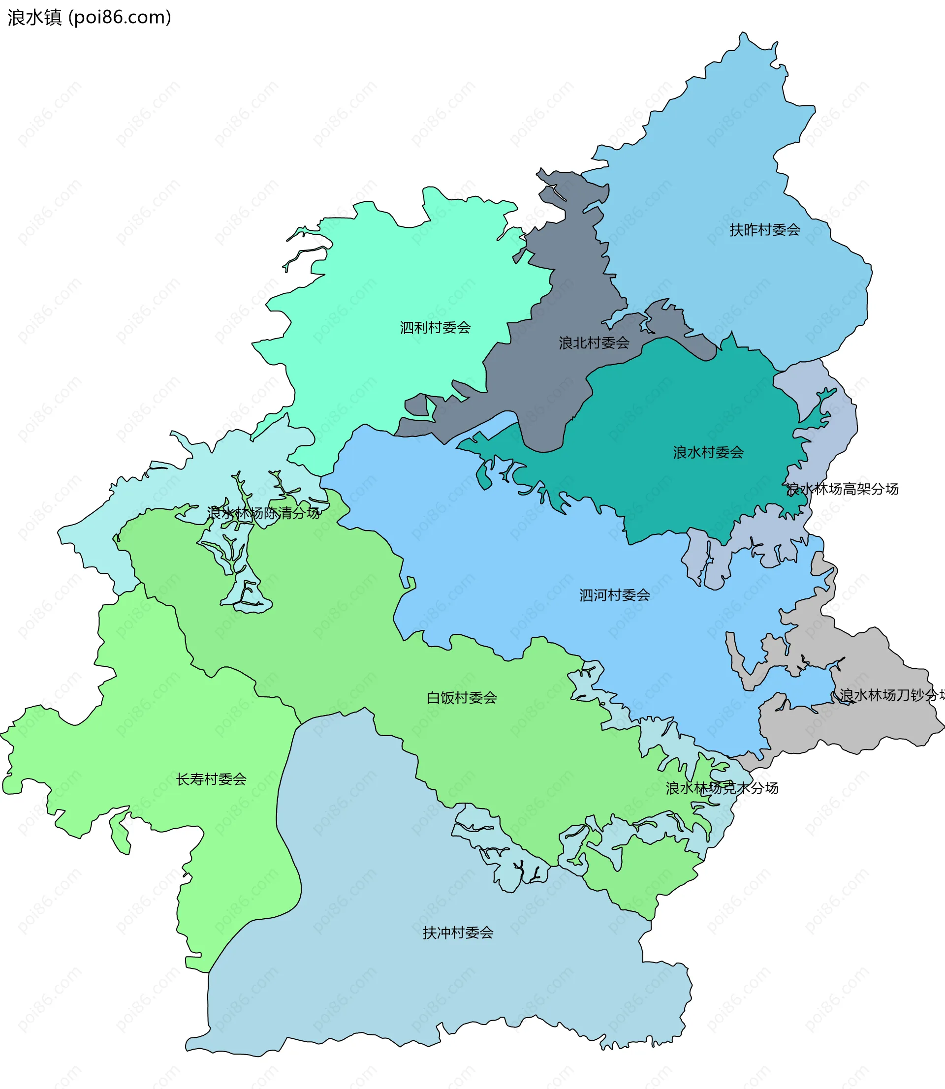 浪水镇边界地图(五级行政区划)