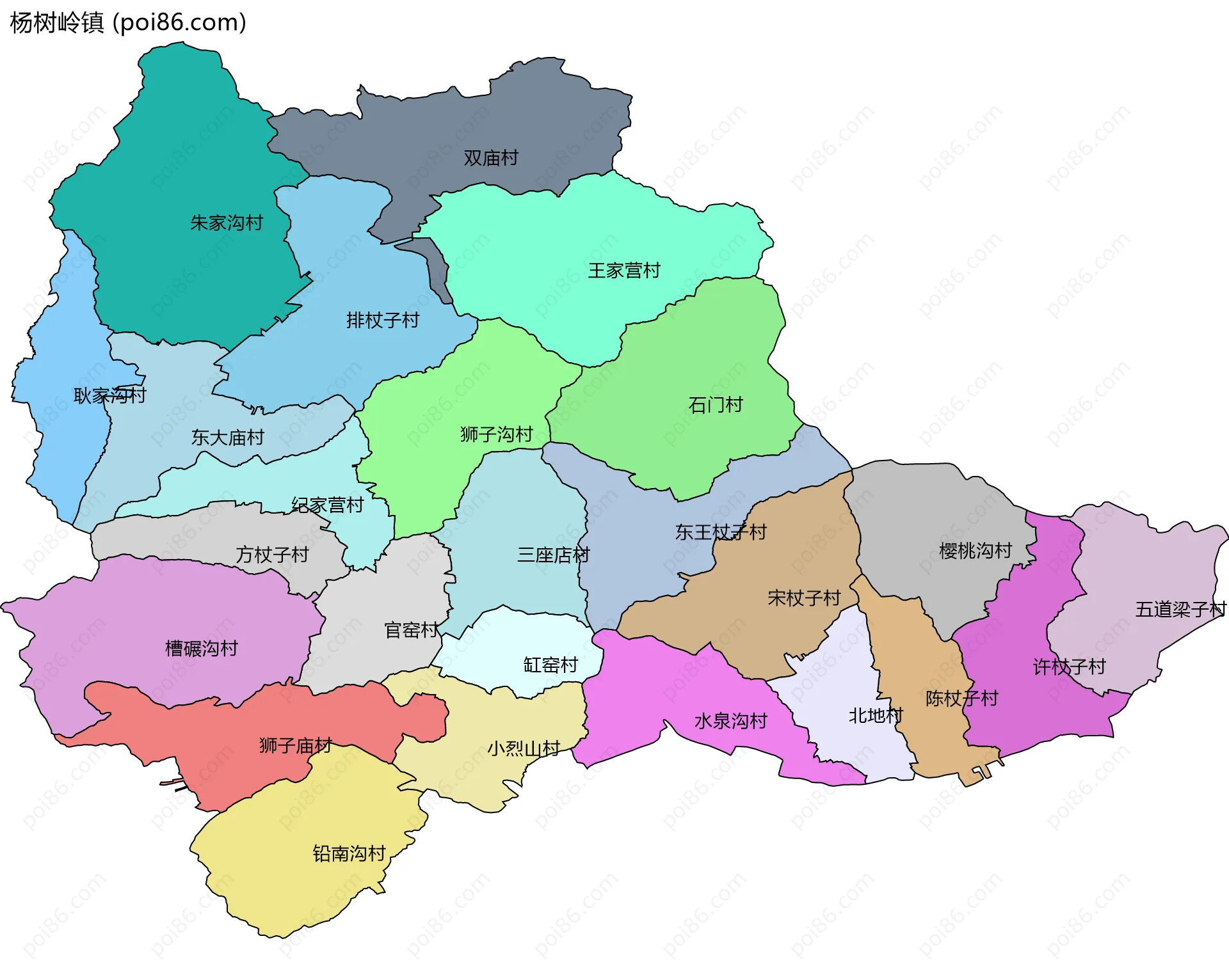 杨树岭镇边界地图(五级行政区划)