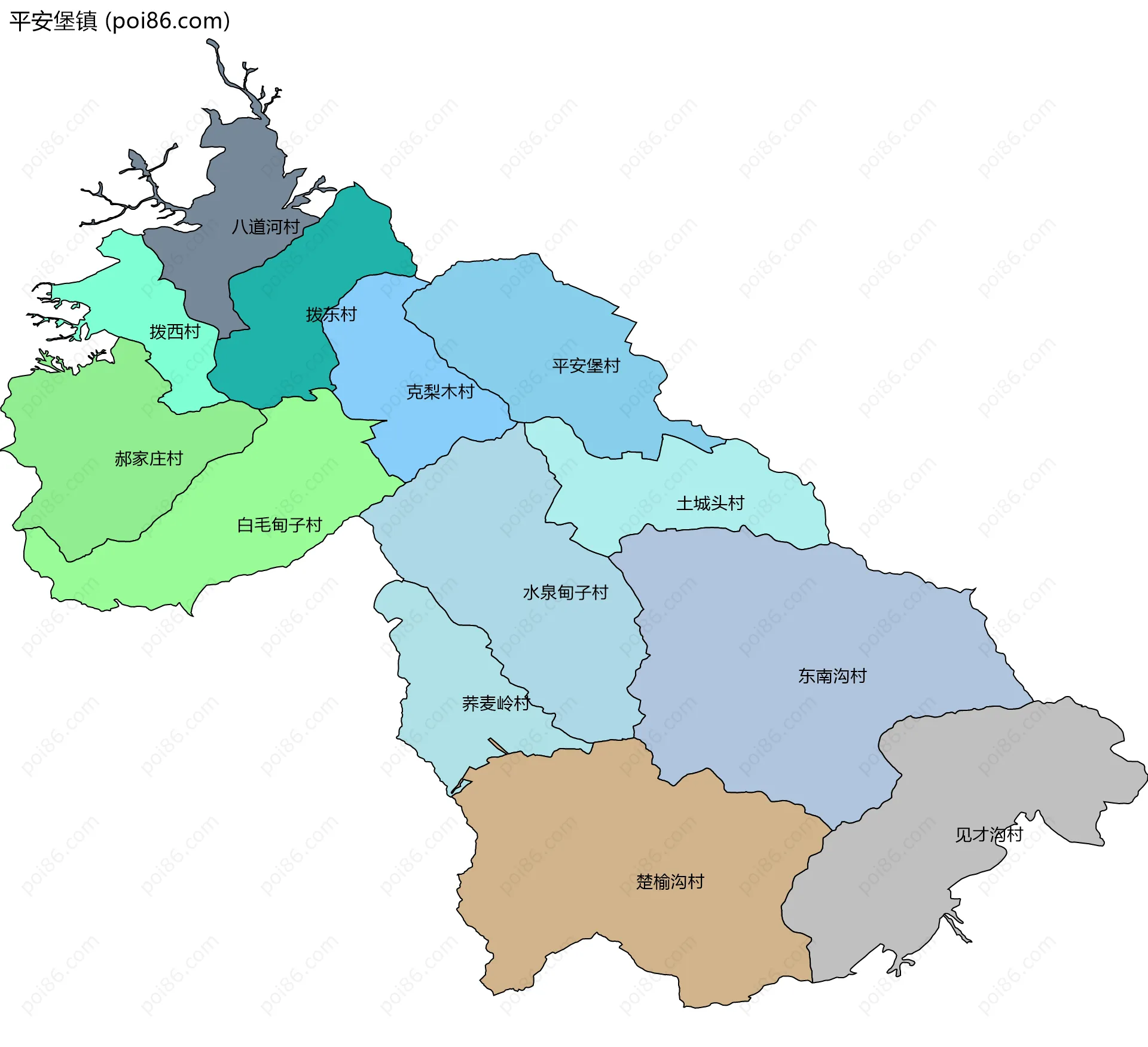 平安堡镇边界地图(五级行政区划)