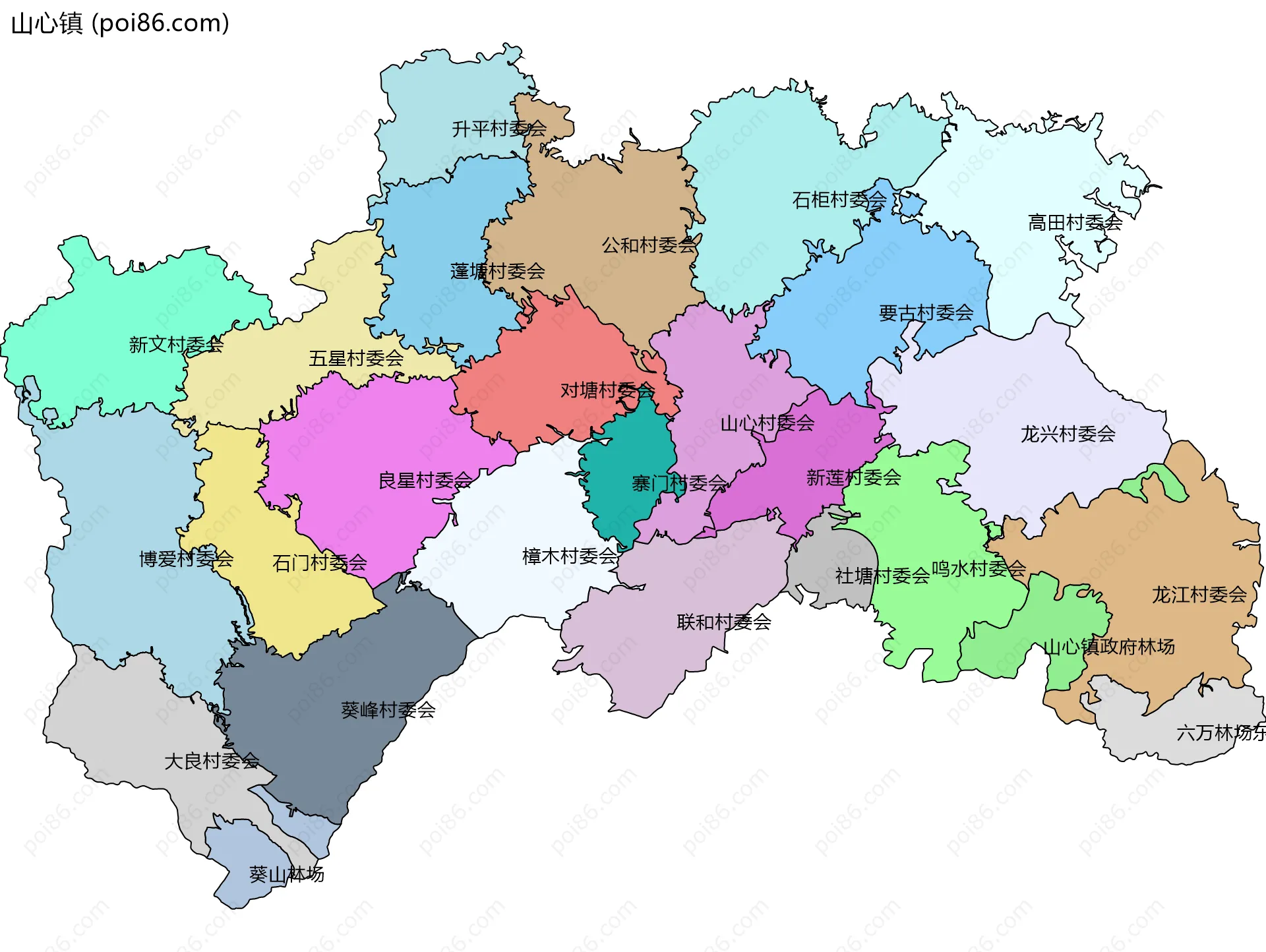 山心镇边界地图(五级行政区划)