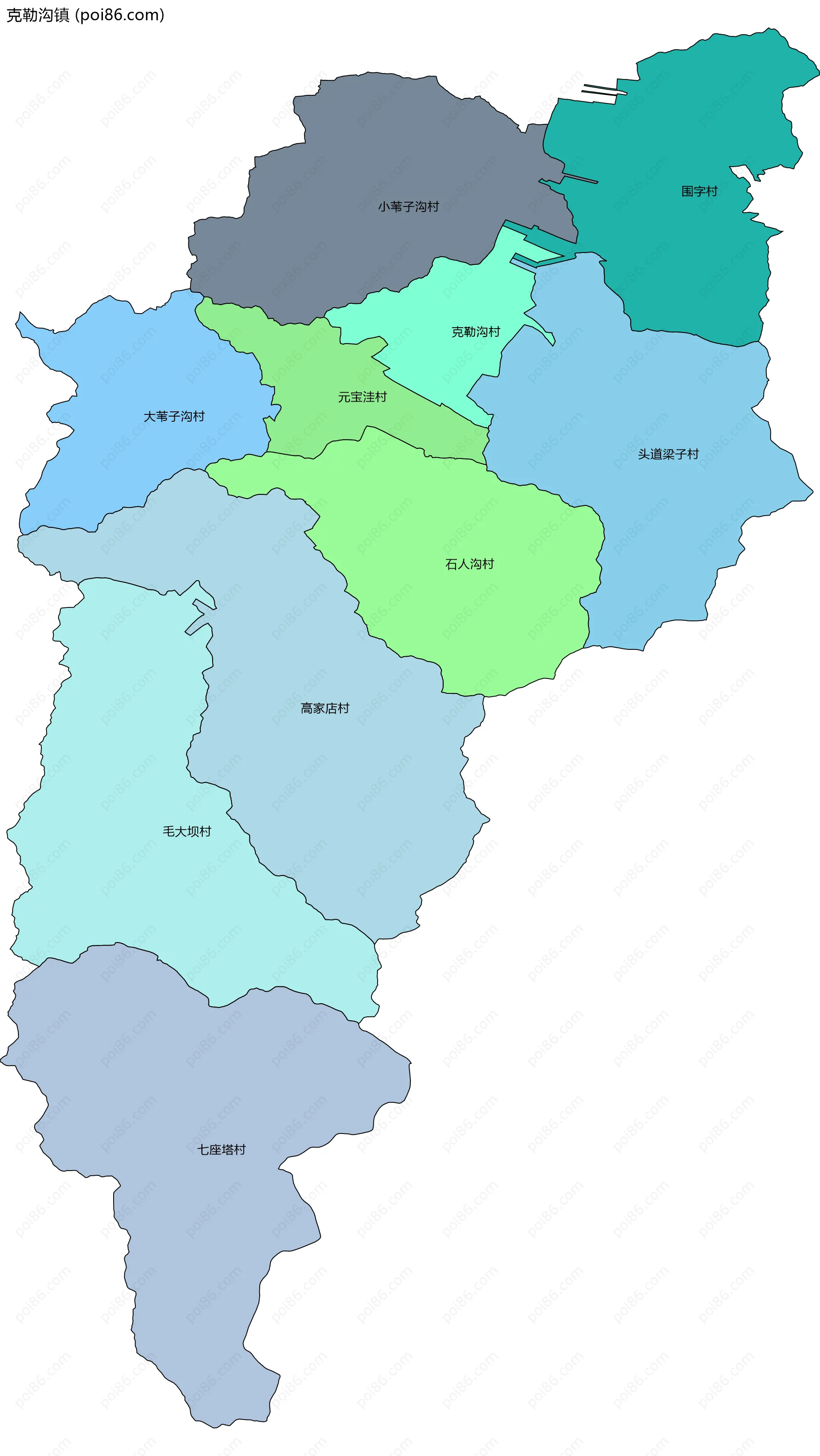 克勒沟镇边界地图(五级行政区划)