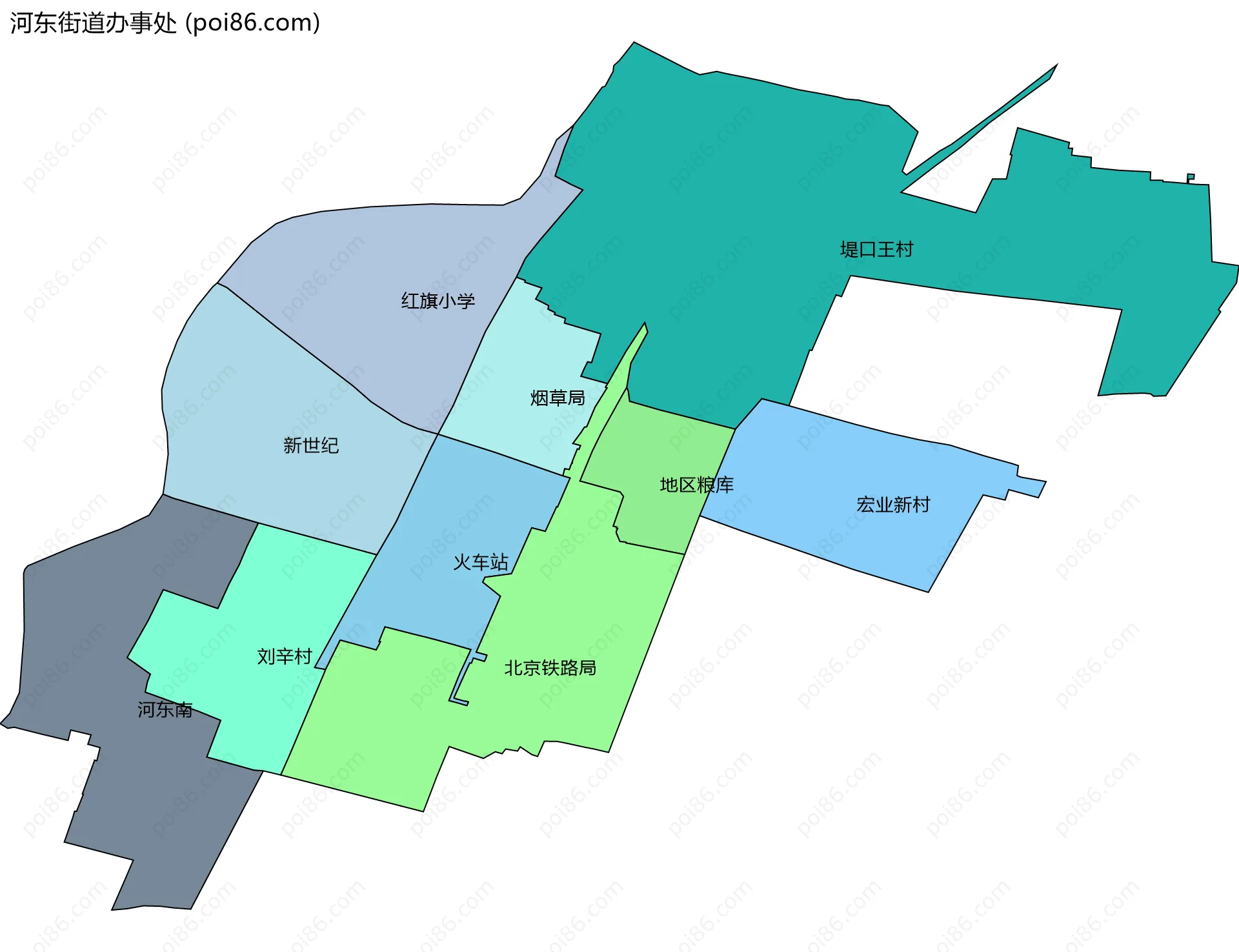 河东街道办事处边界地图(五级行政区划)