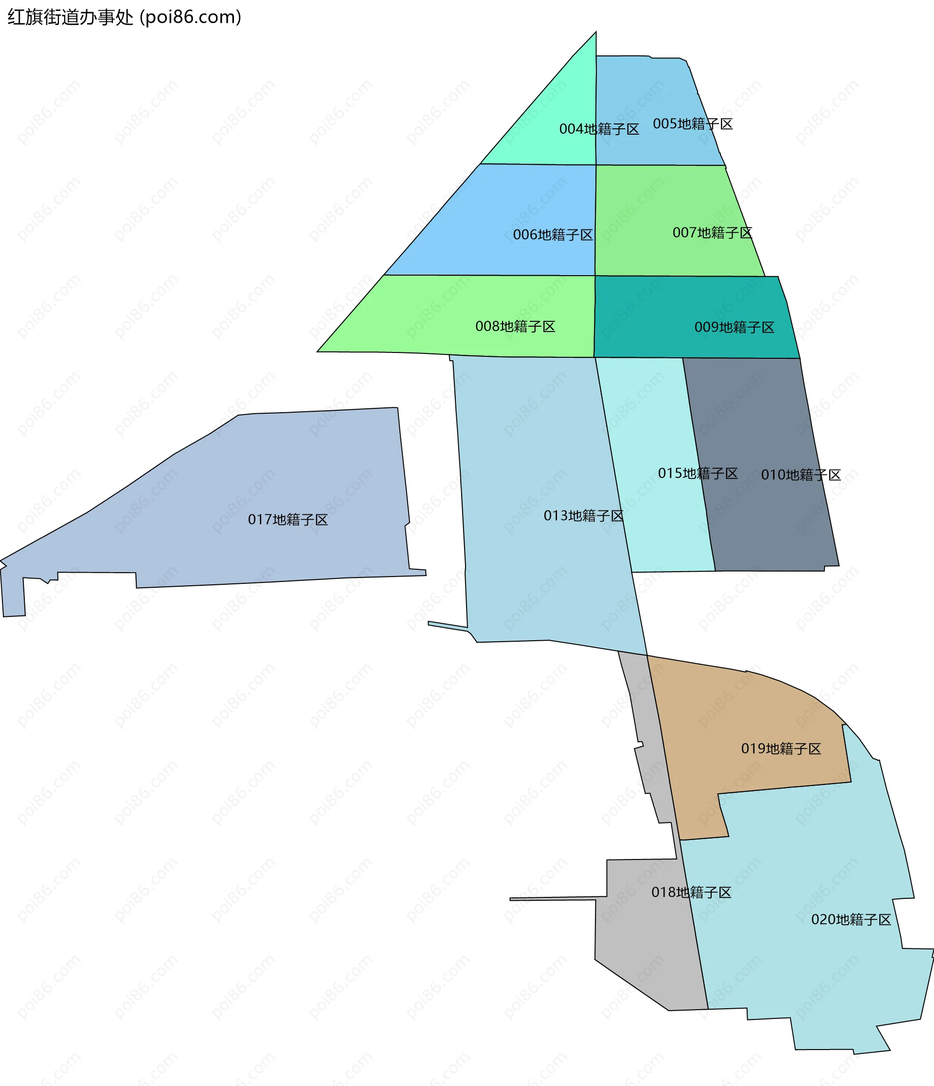 红旗街道办事处边界地图(五级行政区划)