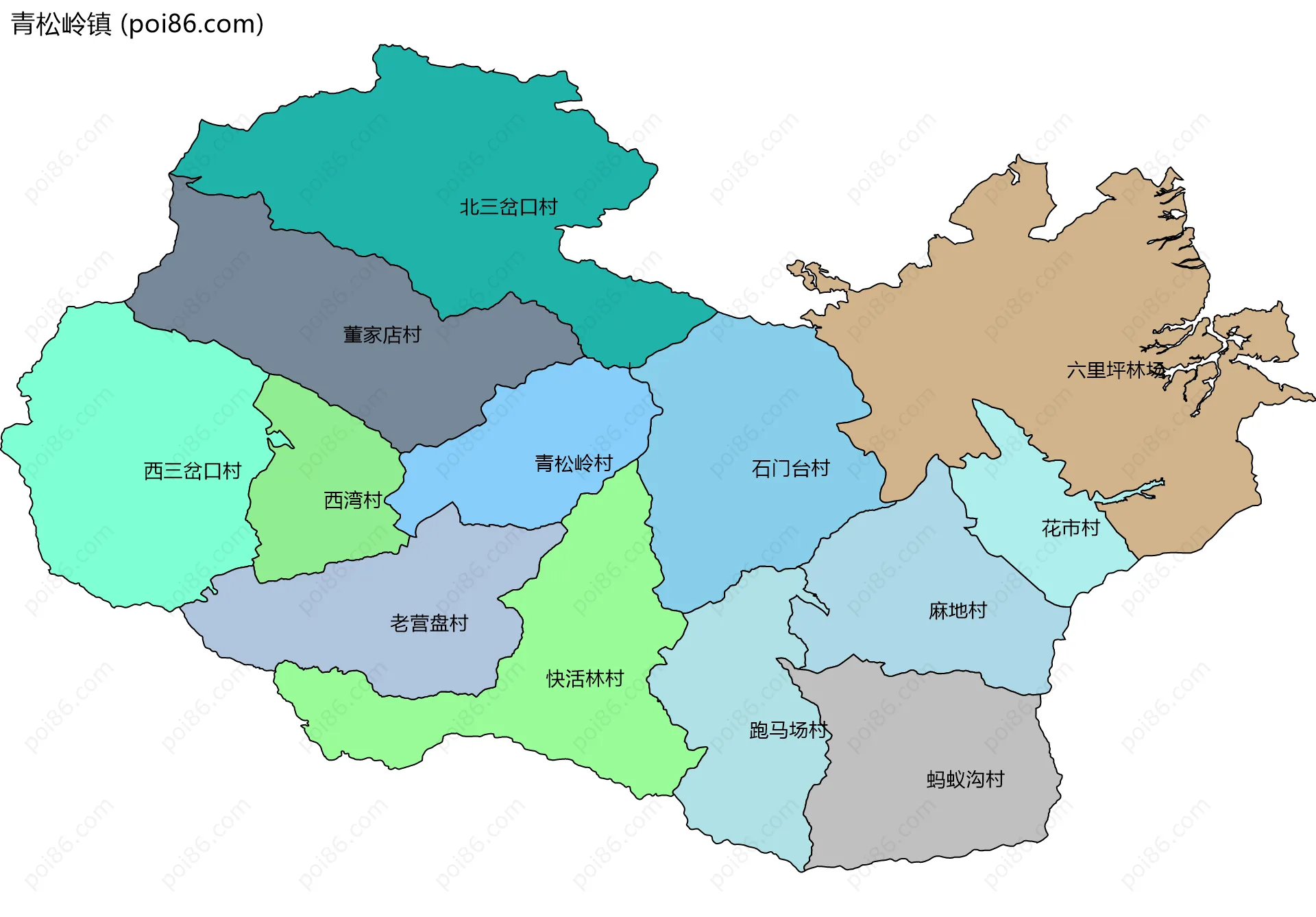 青松岭镇边界地图(五级行政区划)