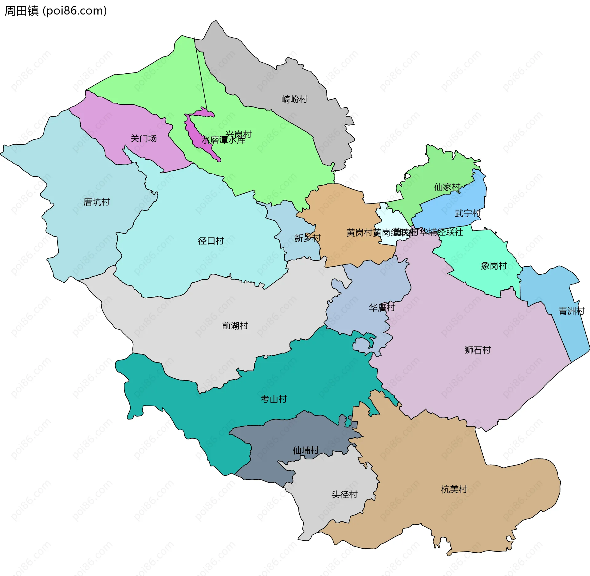 周田镇边界地图(五级行政区划)