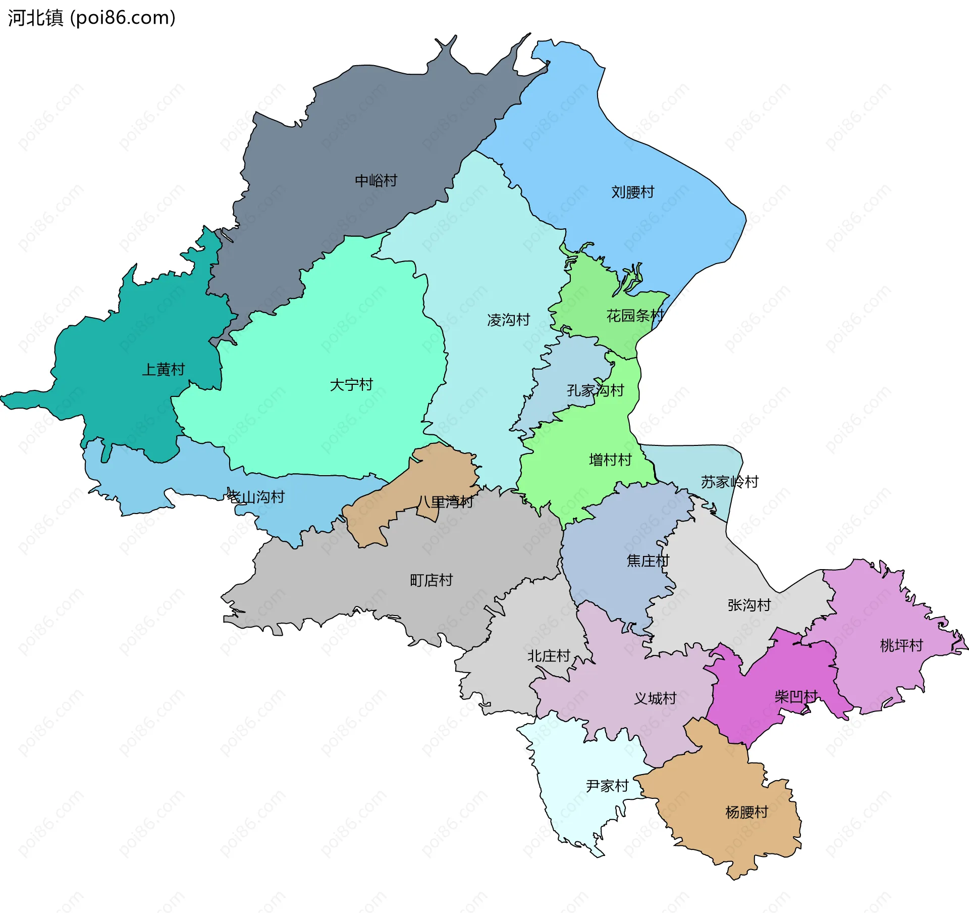 河北镇边界地图(五级行政区划)