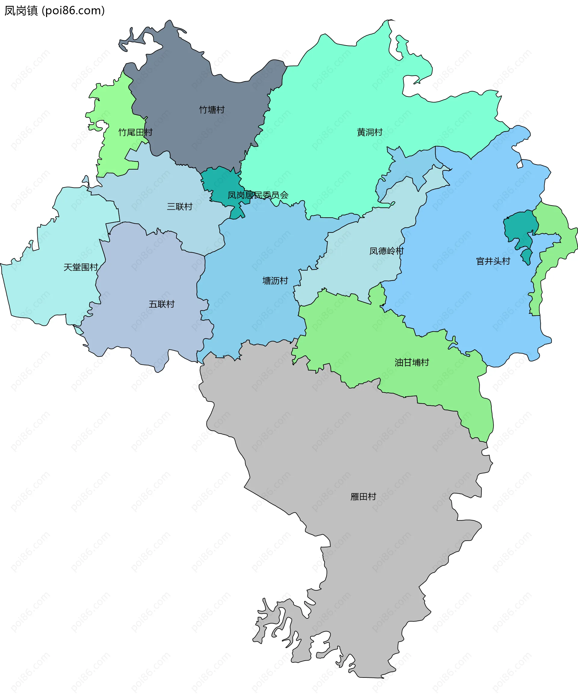 凤岗镇边界地图(五级行政区划)