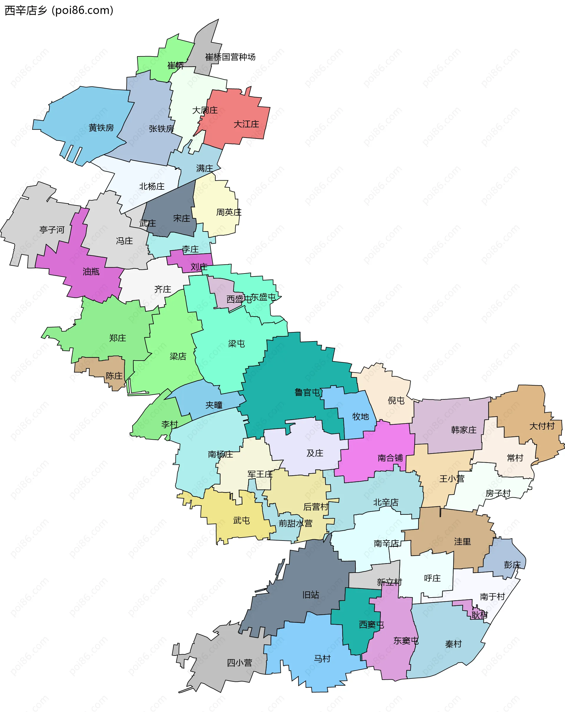 西辛店乡边界地图(五级行政区划)