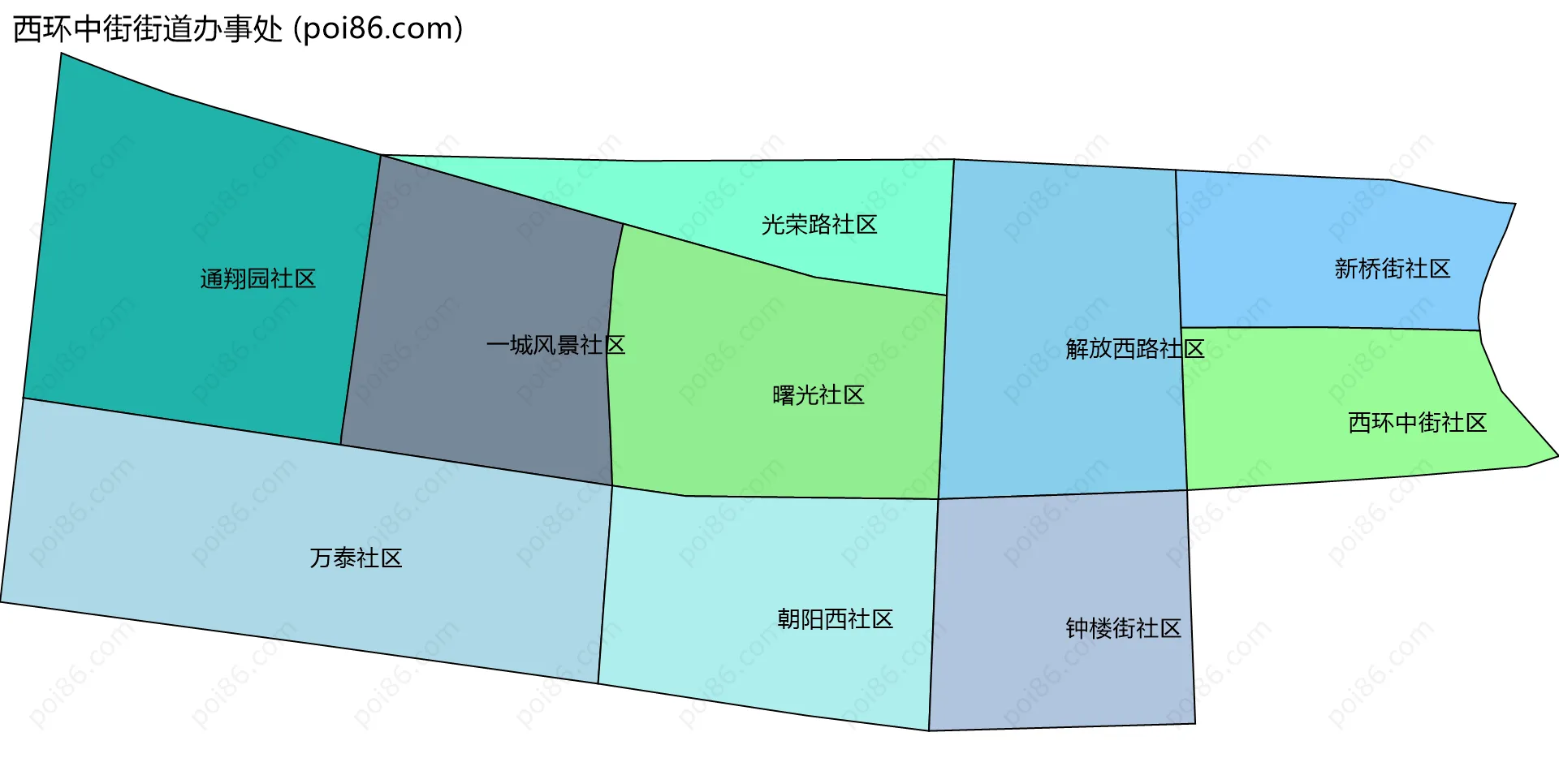 西环中街街道办事处边界地图(五级行政区划)
