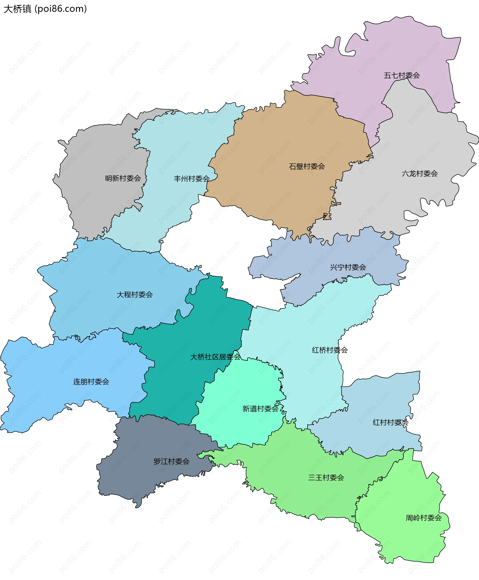 大桥镇边界地图(五级行政区划)