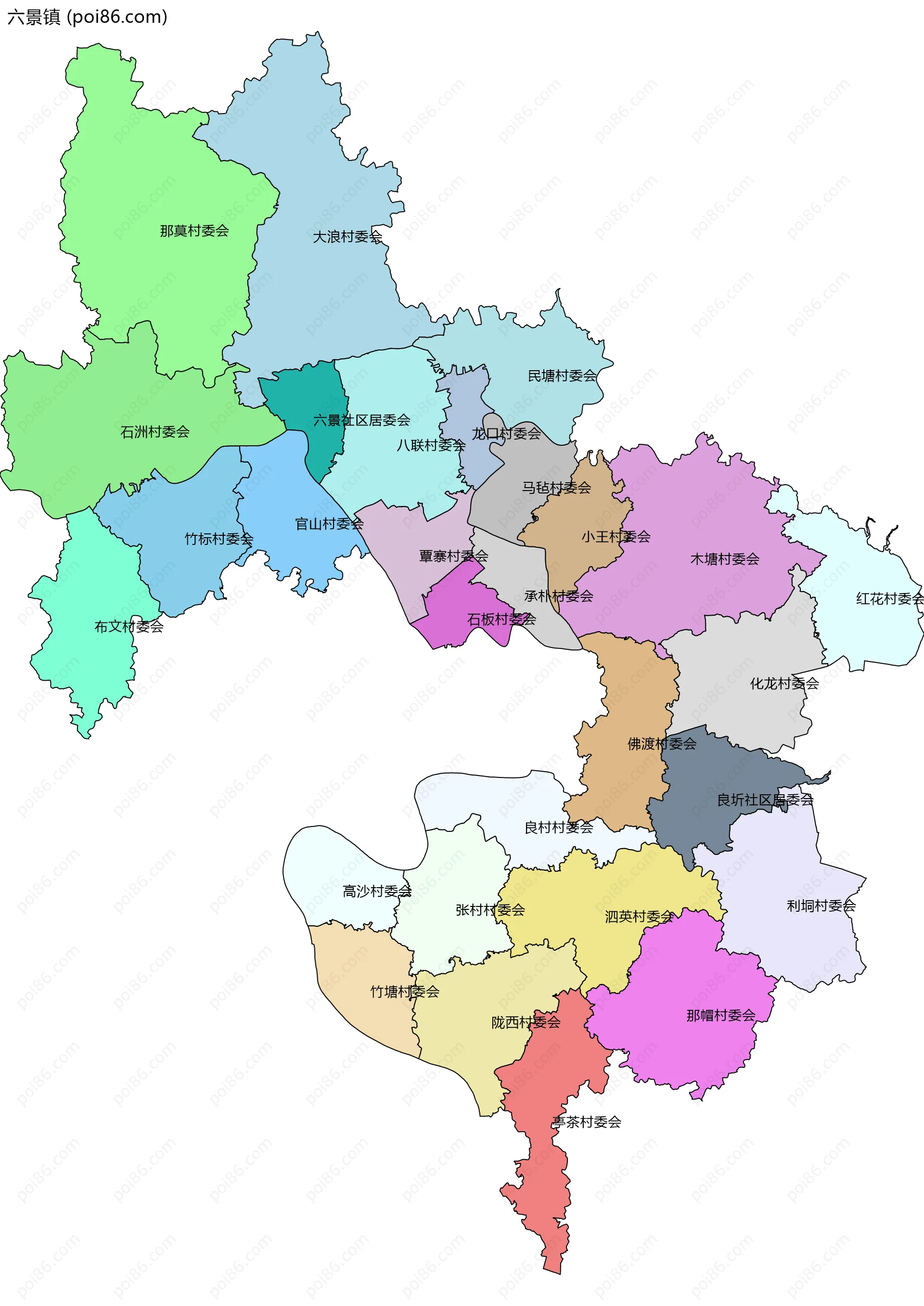 六景镇边界地图(五级行政区划)