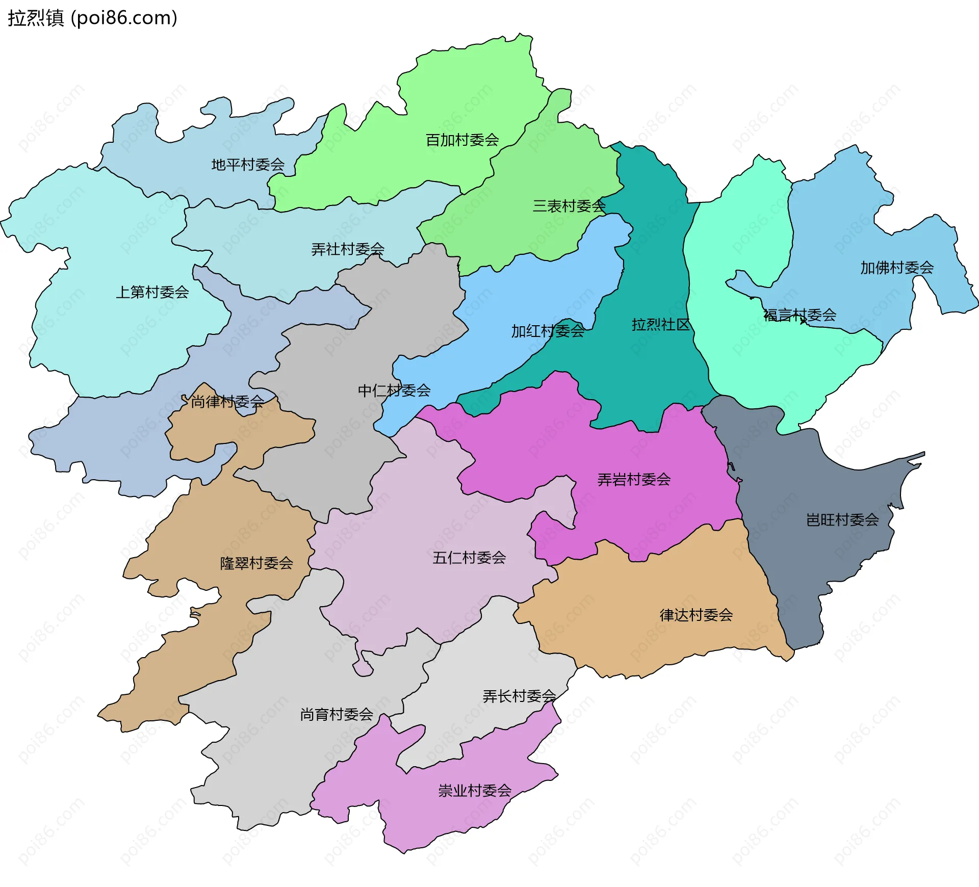 拉烈镇边界地图(五级行政区划)