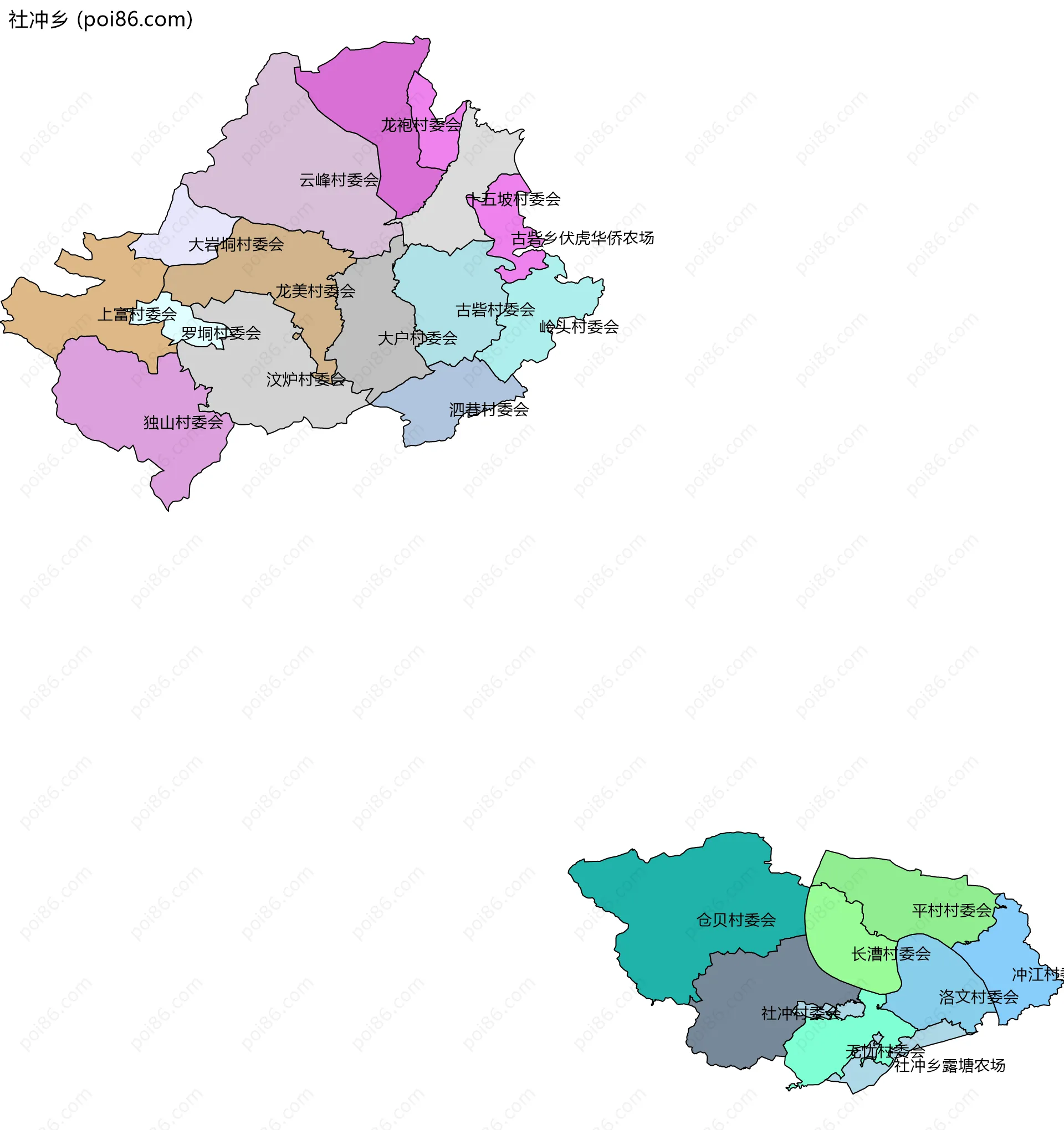 社冲乡边界地图(五级行政区划)