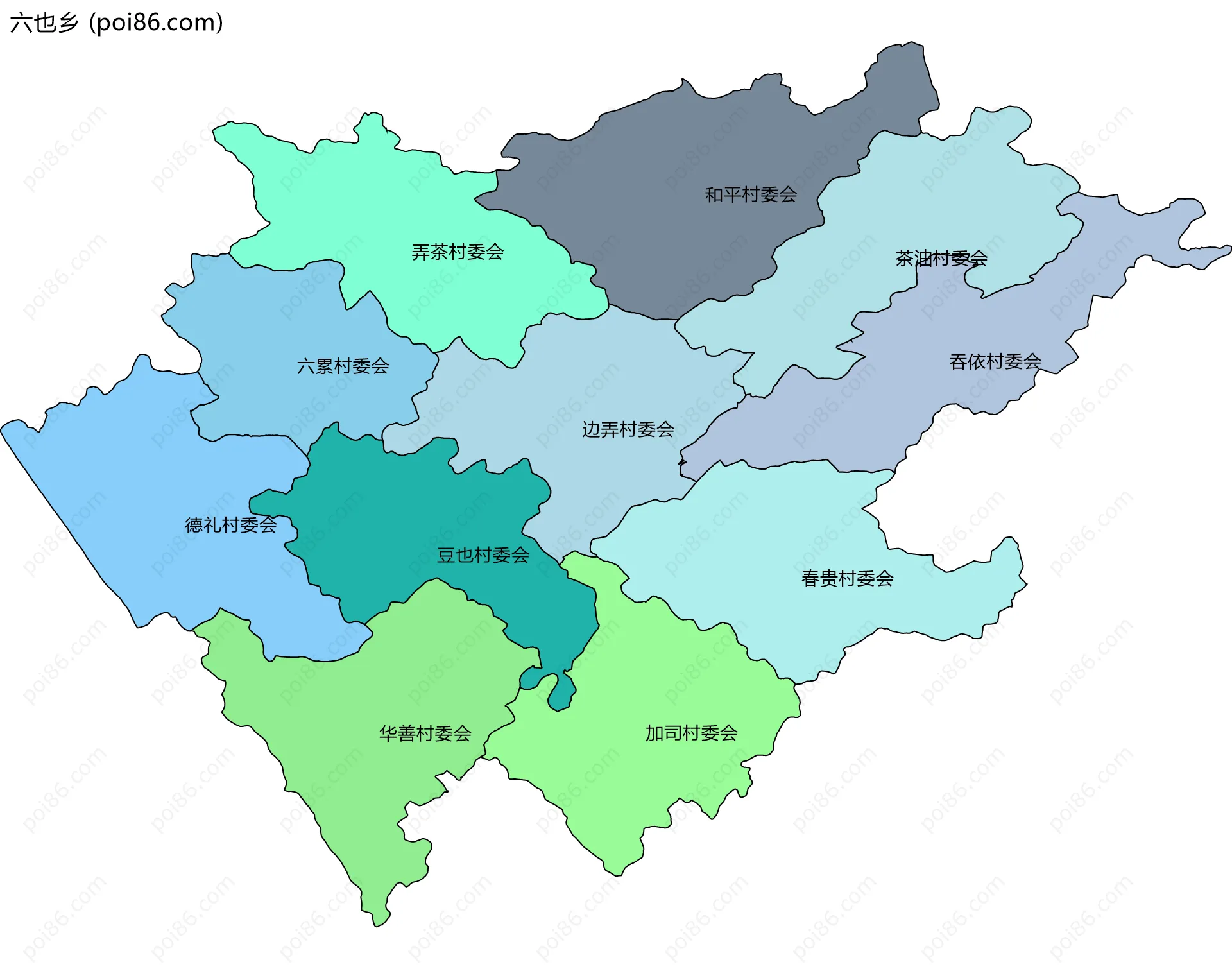 六也乡边界地图(五级行政区划)