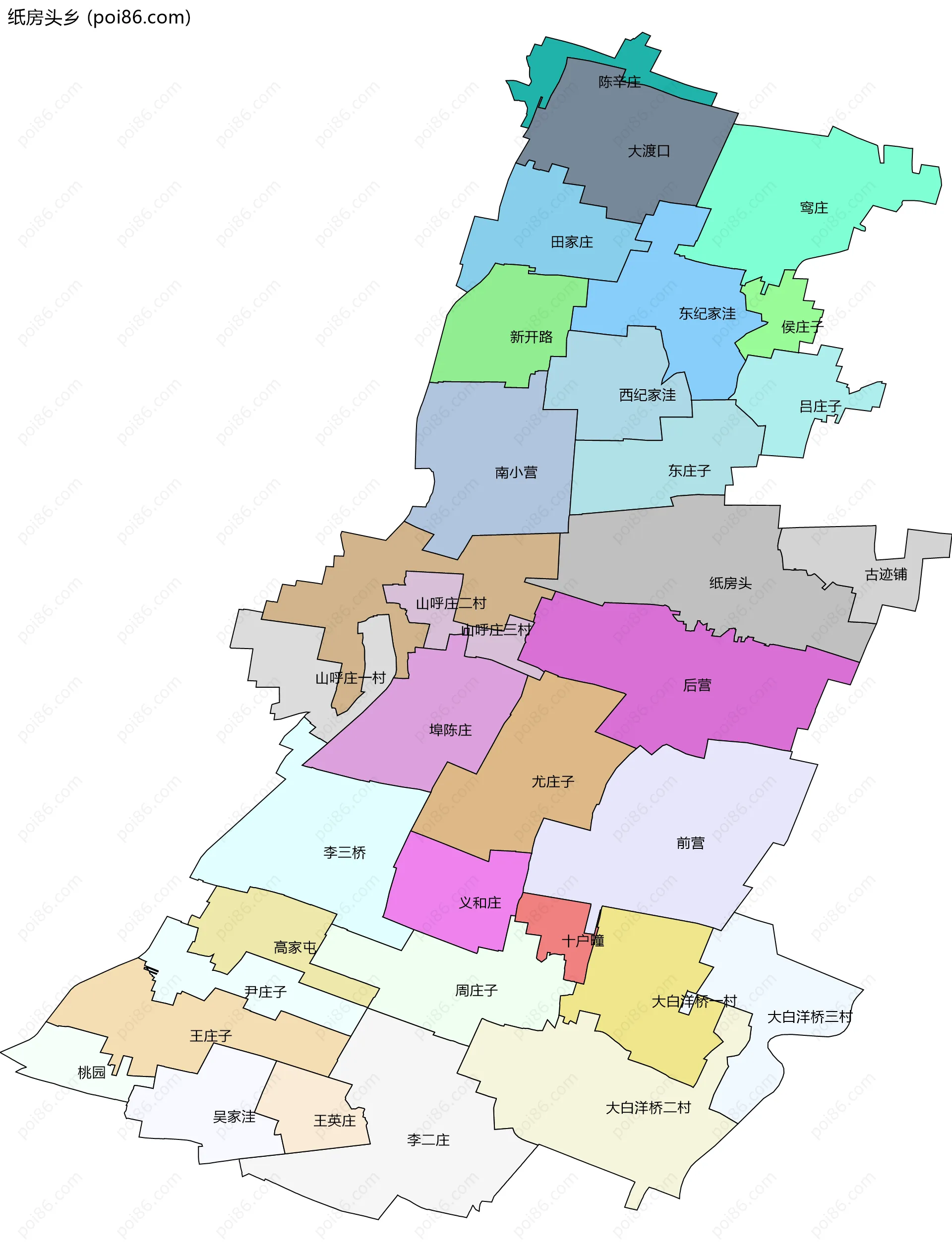 纸房头乡边界地图(五级行政区划)