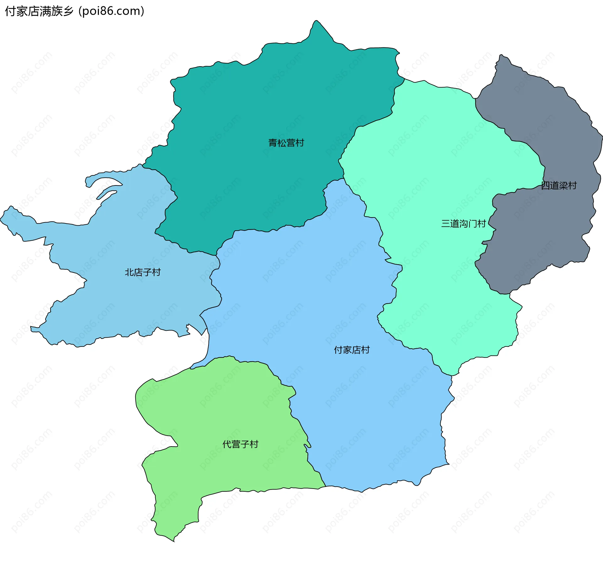 付家店满族乡边界地图(五级行政区划)