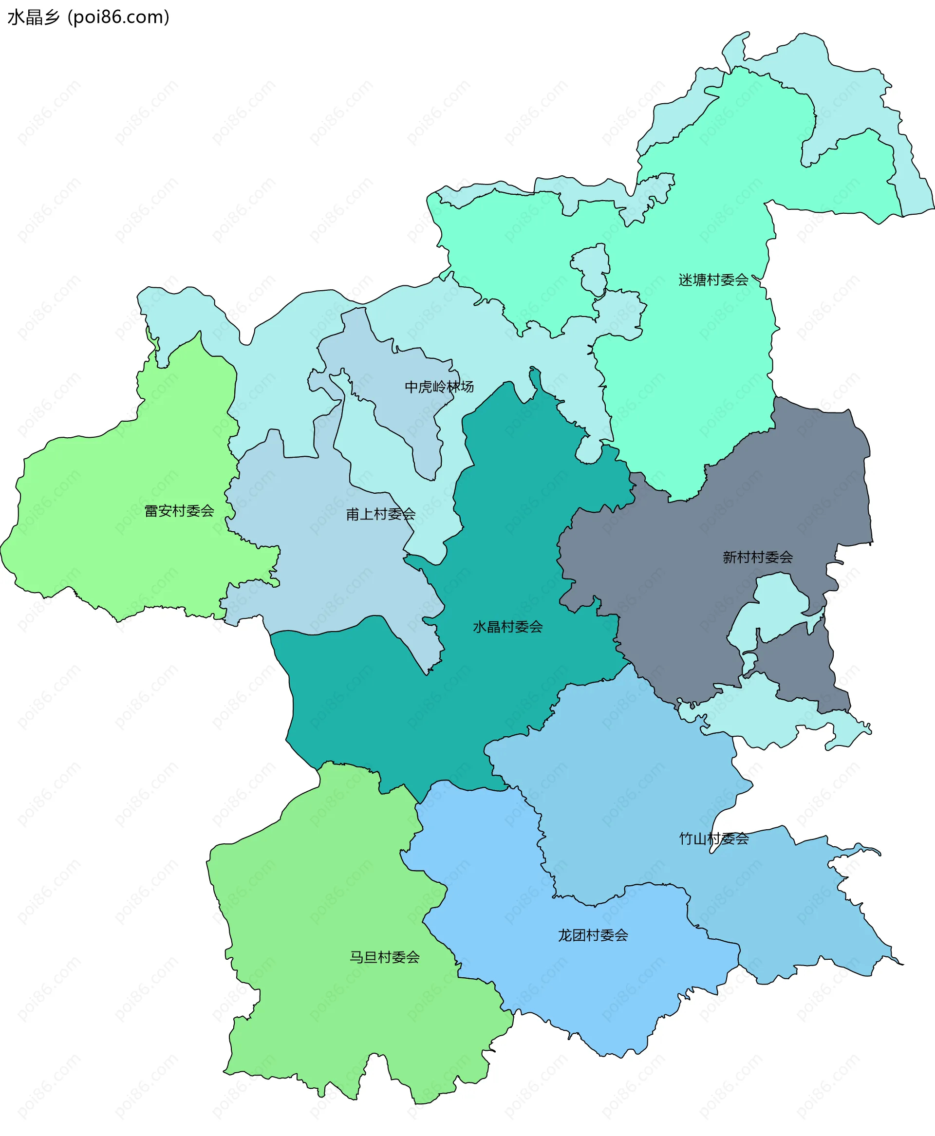 水晶乡边界地图(五级行政区划)