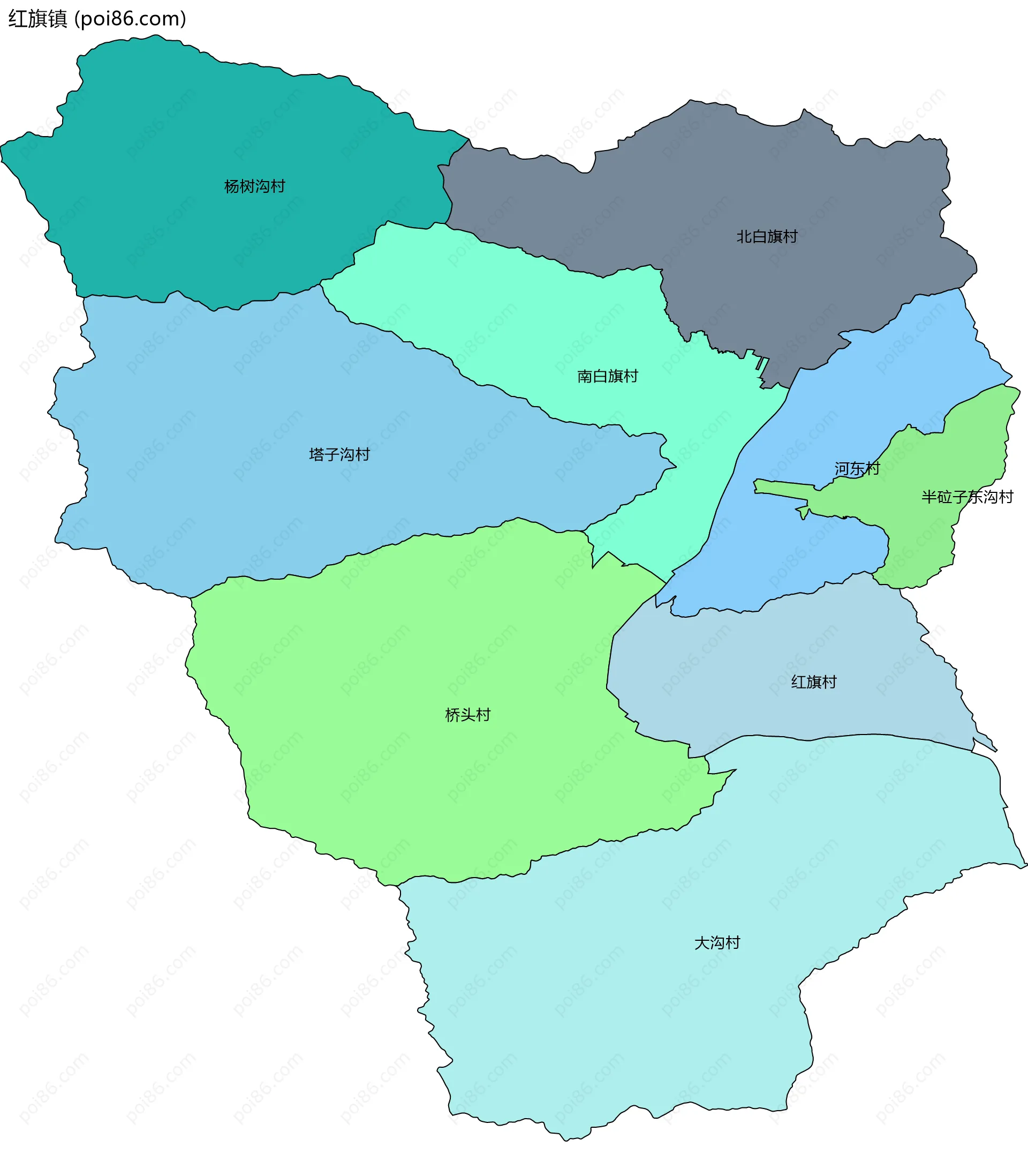 红旗镇边界地图(五级行政区划)