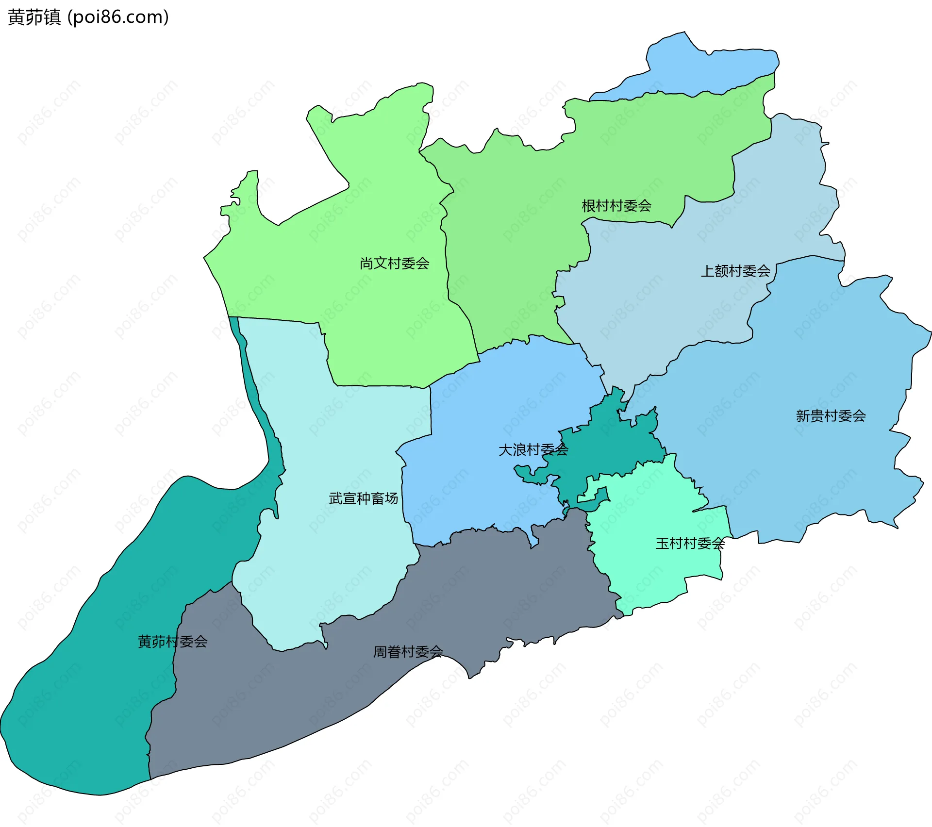 黄茆镇边界地图(五级行政区划)