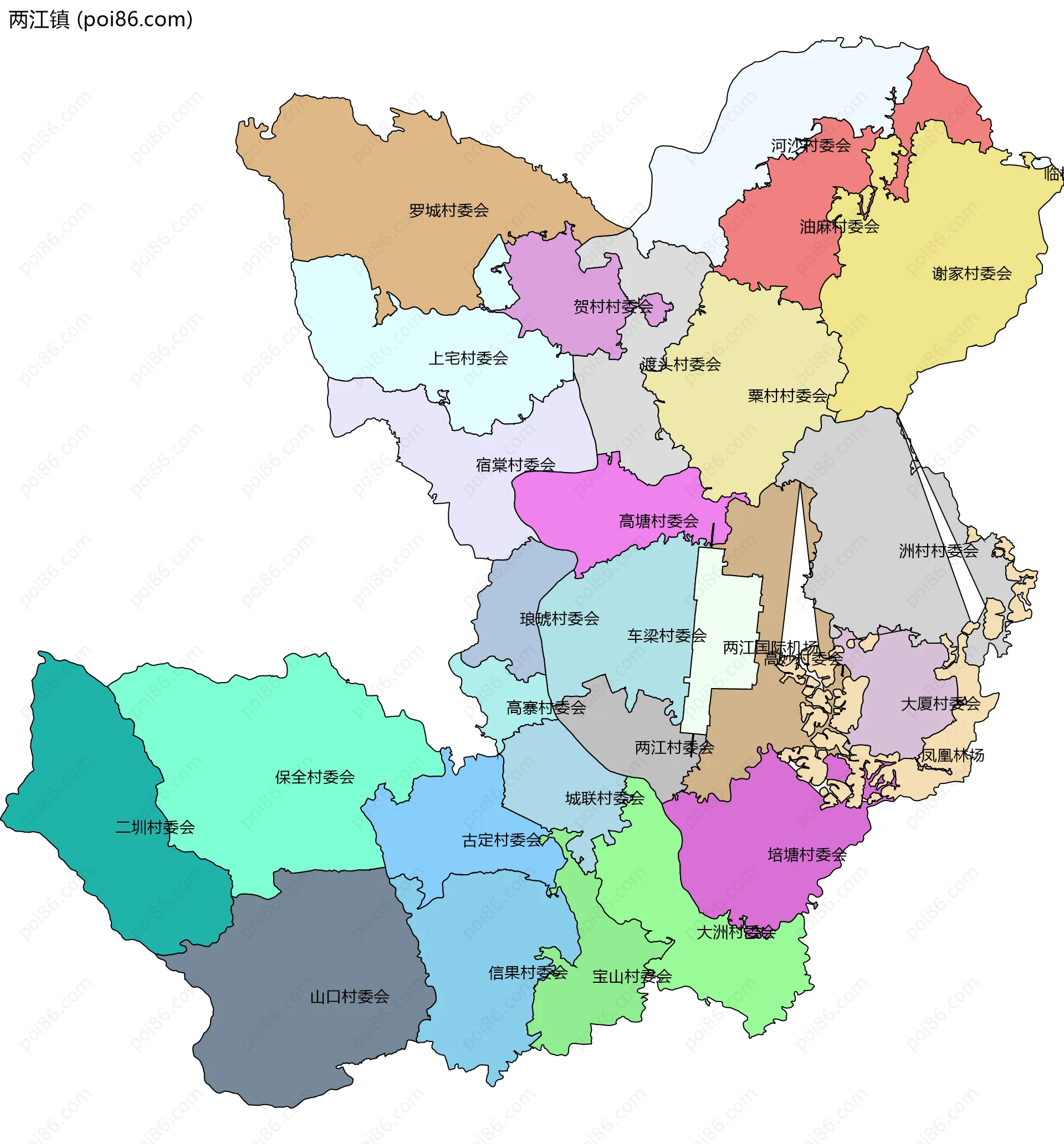 两江镇边界地图(五级行政区划)