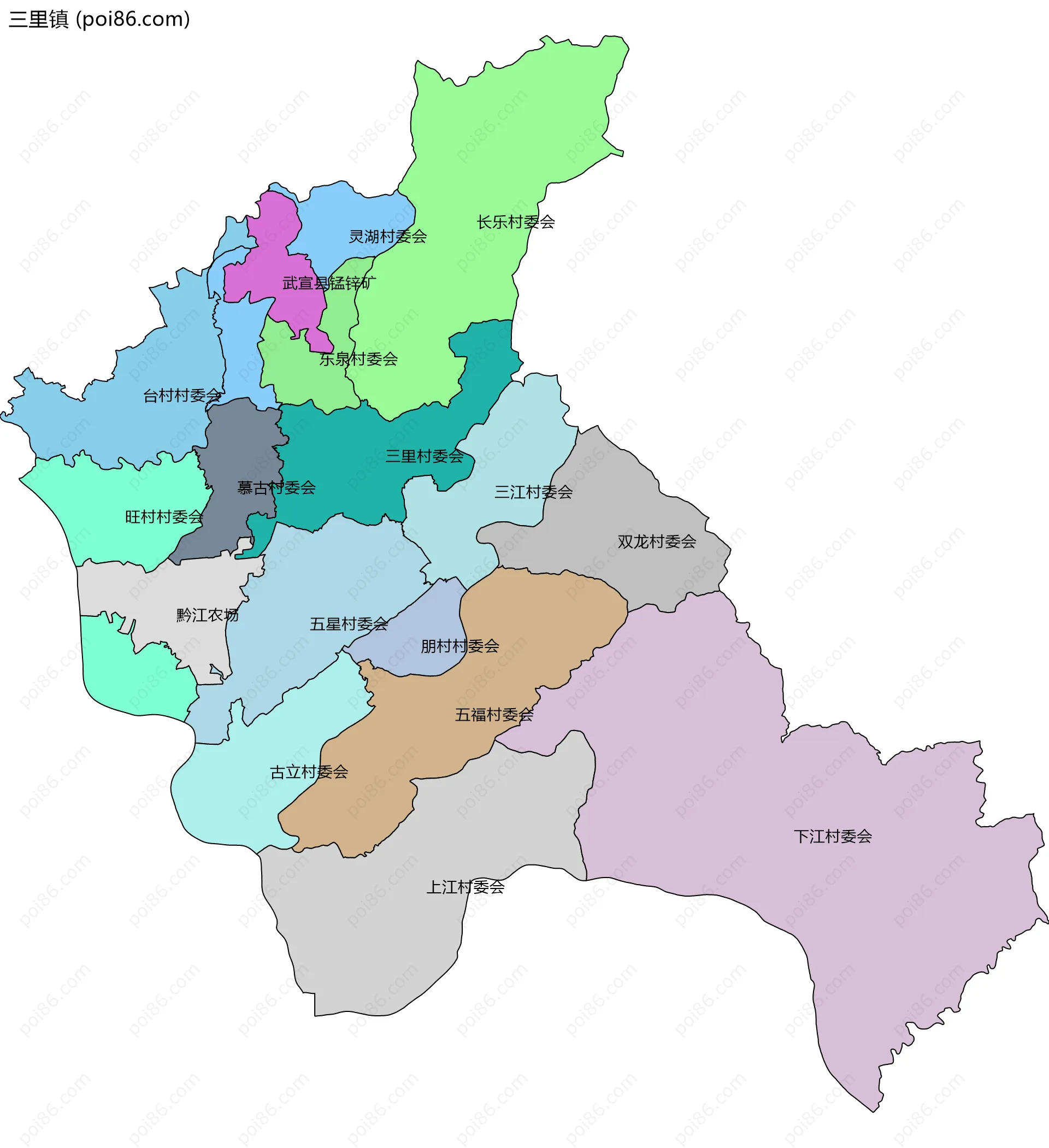 三里镇边界地图(五级行政区划)