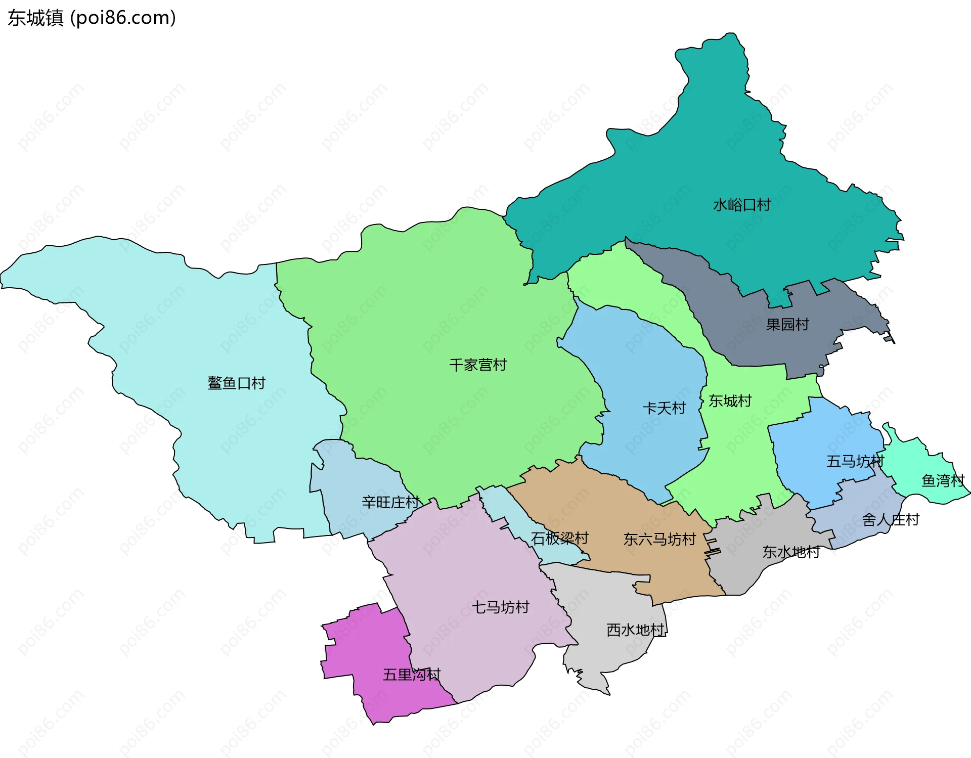 东城镇边界地图(五级行政区划)