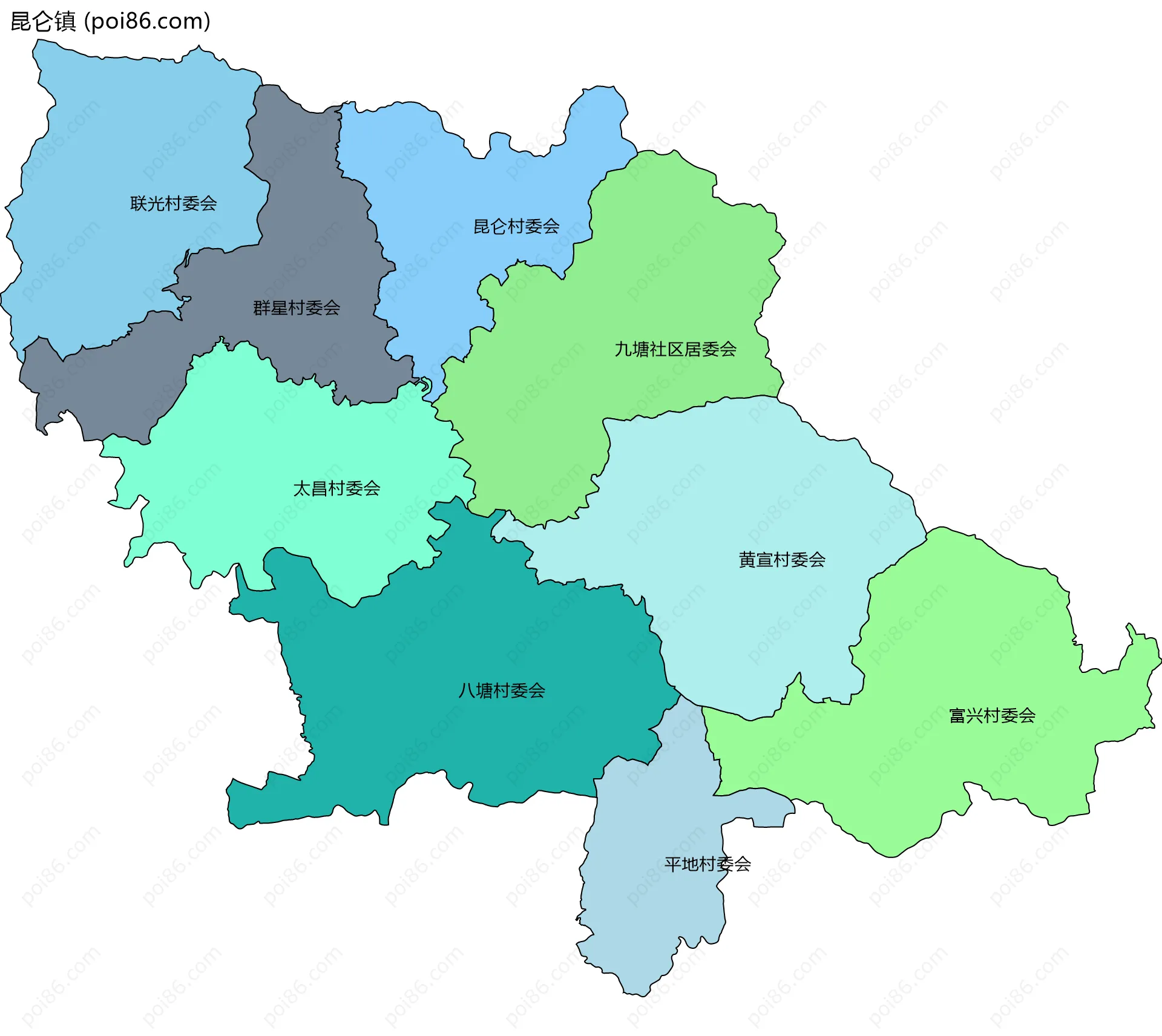 昆仑镇边界地图(五级行政区划)