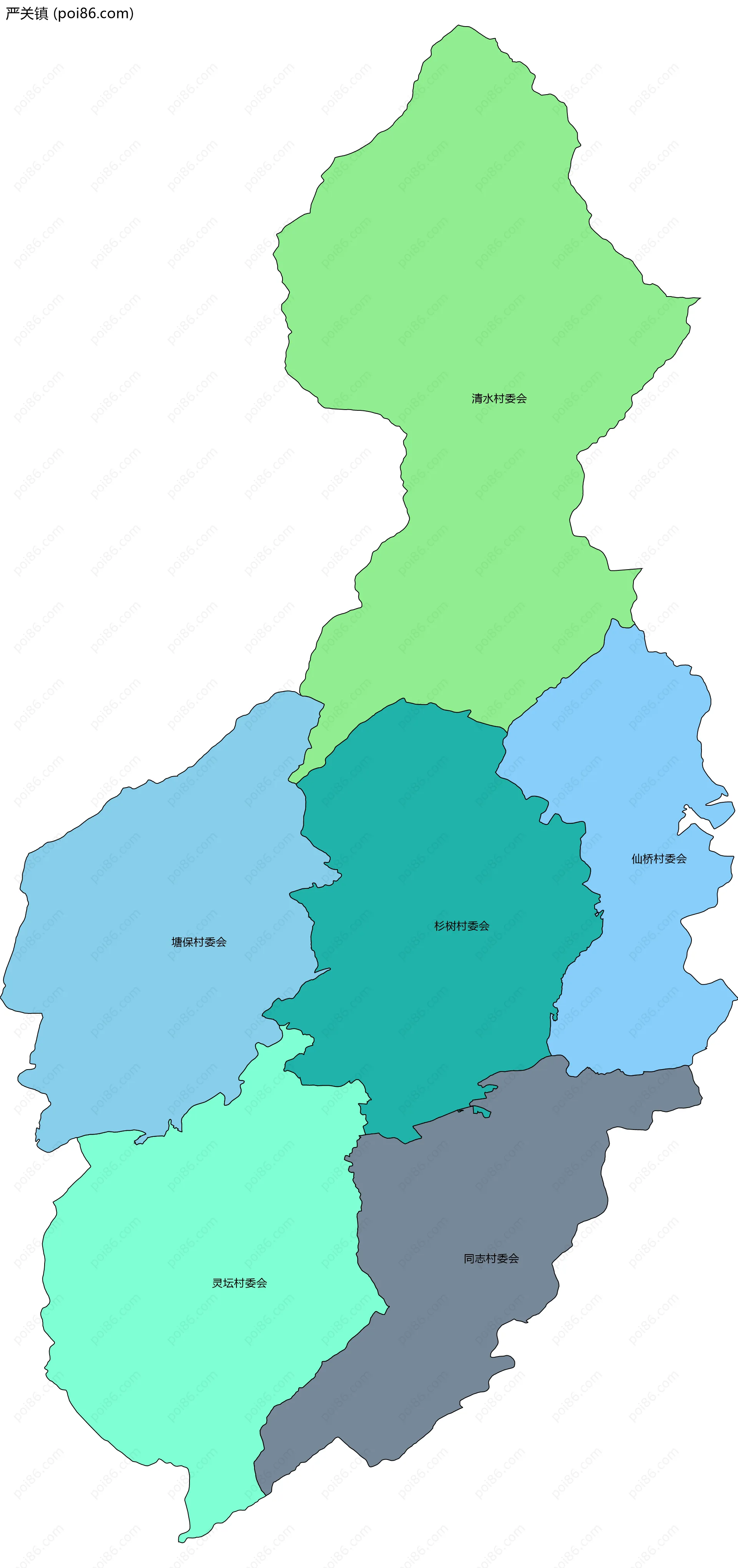 严关镇边界地图(五级行政区划)