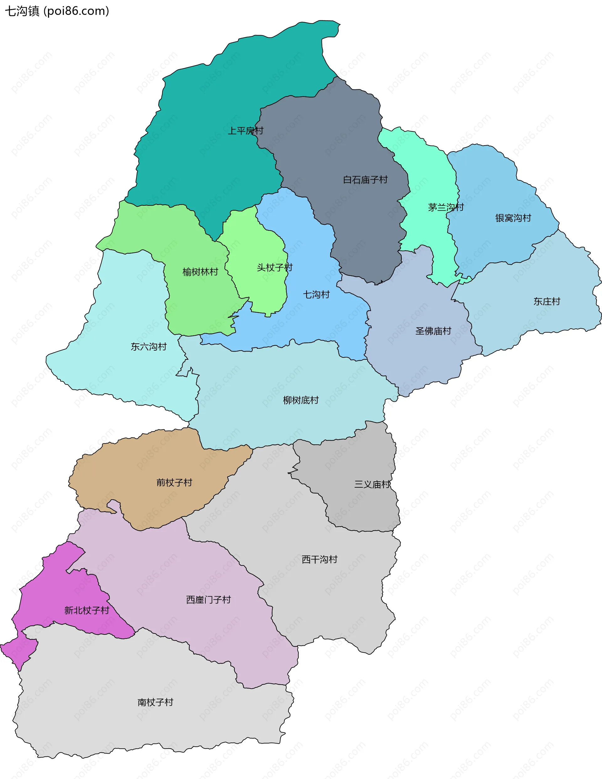 七沟镇边界地图(五级行政区划)