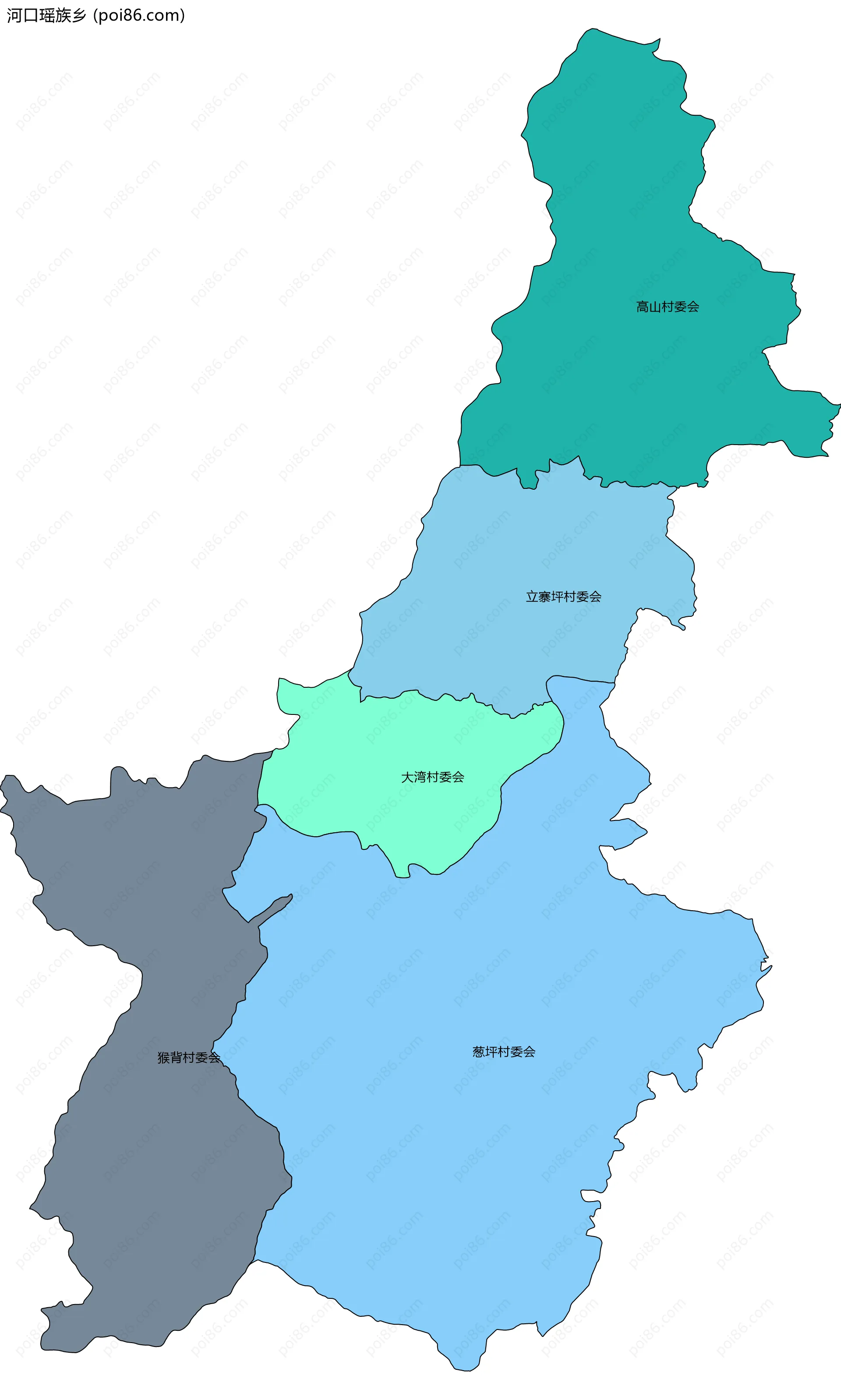 河口瑶族乡边界地图(五级行政区划)