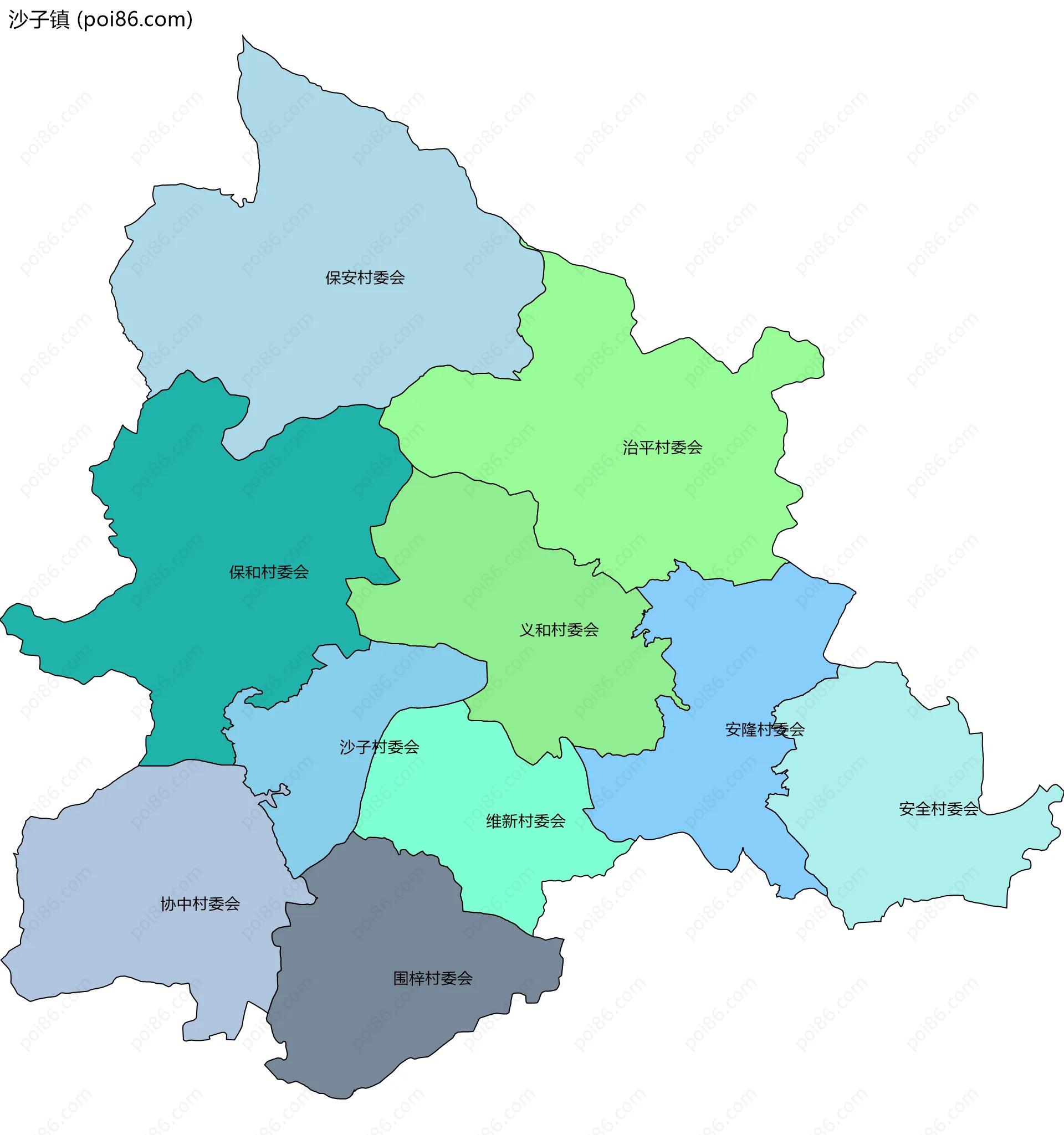 沙子镇边界地图(五级行政区划)