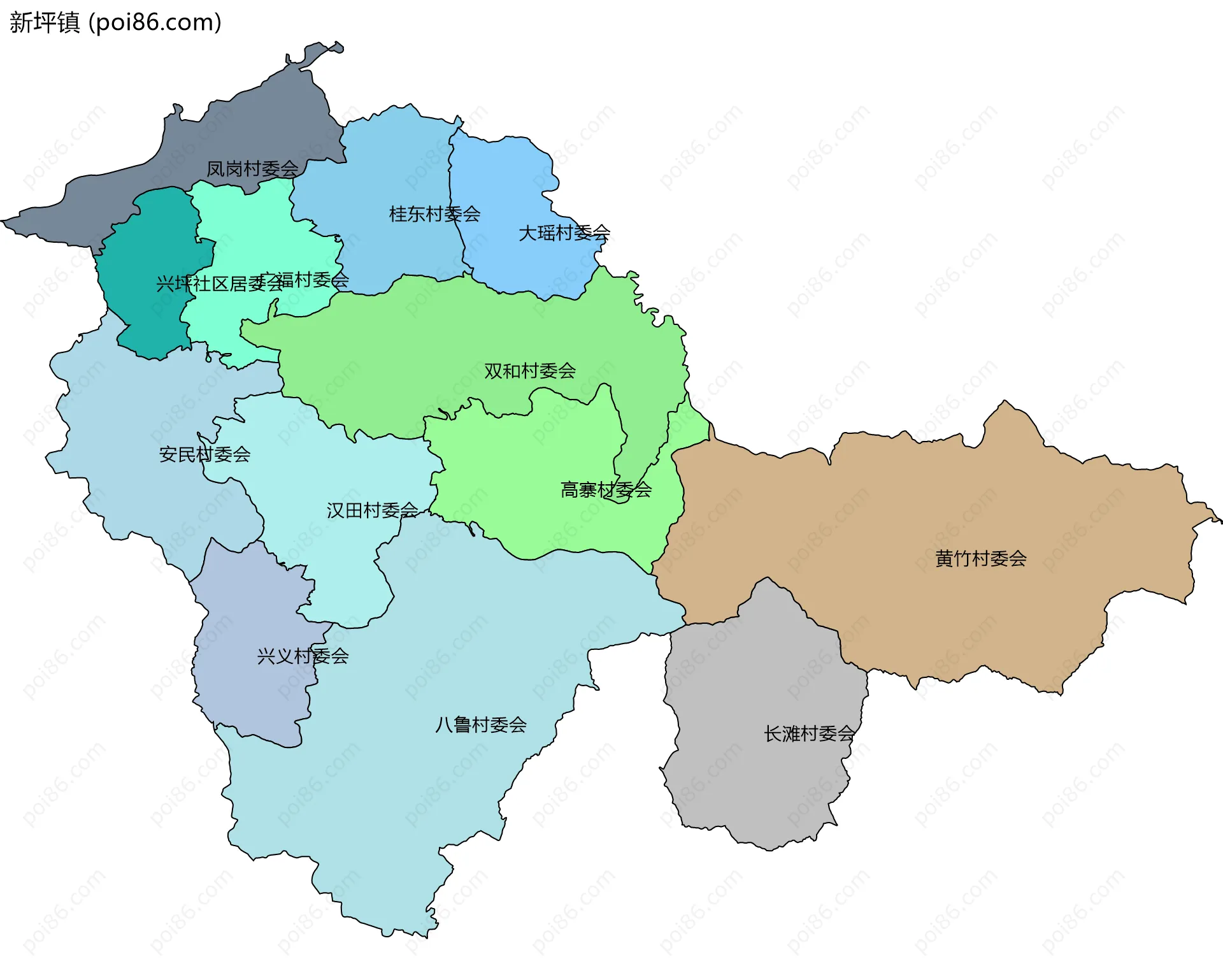 新坪镇边界地图(五级行政区划)