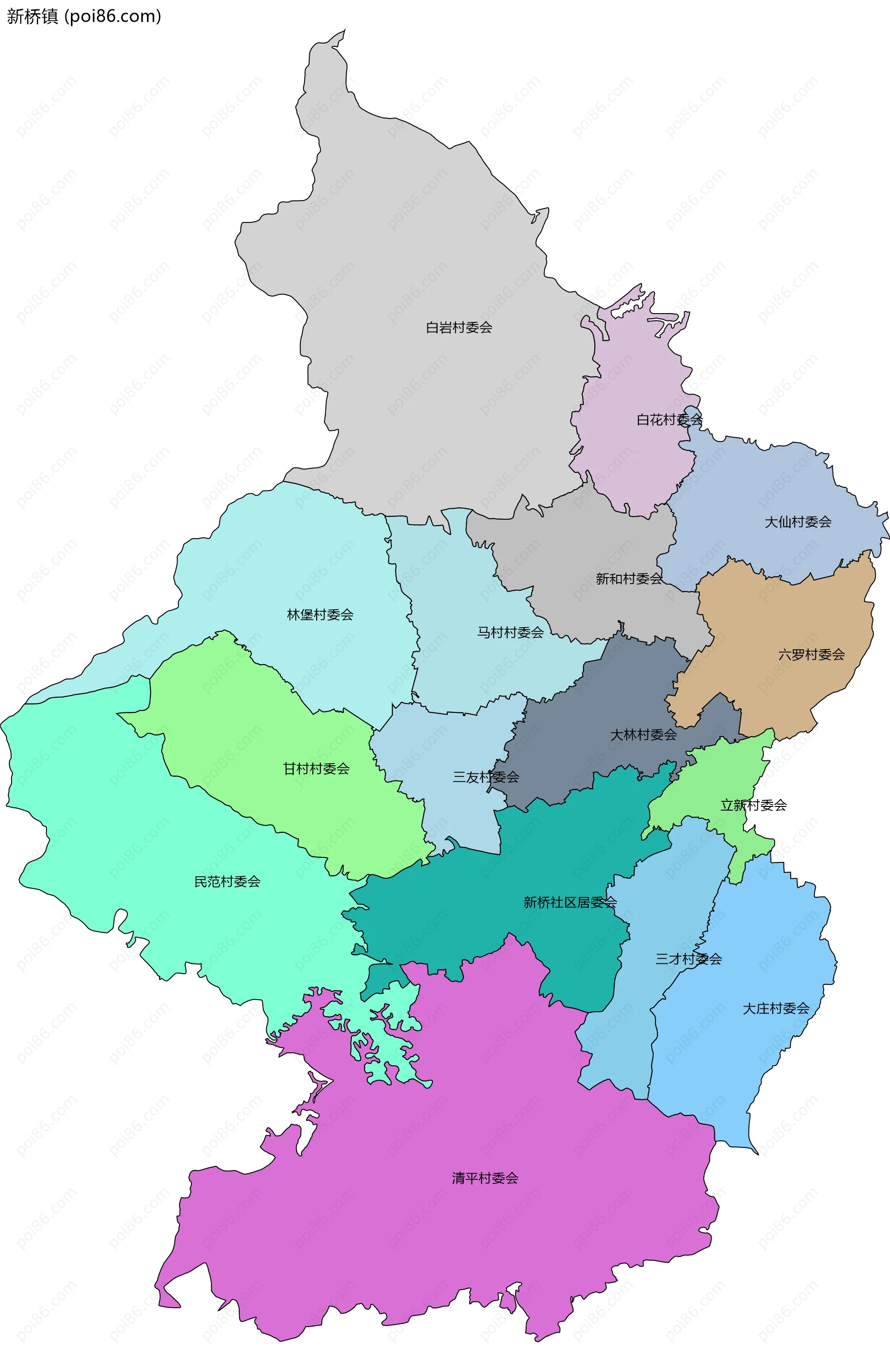 新桥镇边界地图(五级行政区划)