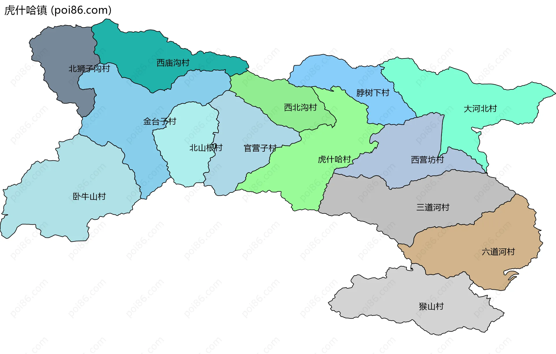 虎什哈镇边界地图(五级行政区划)