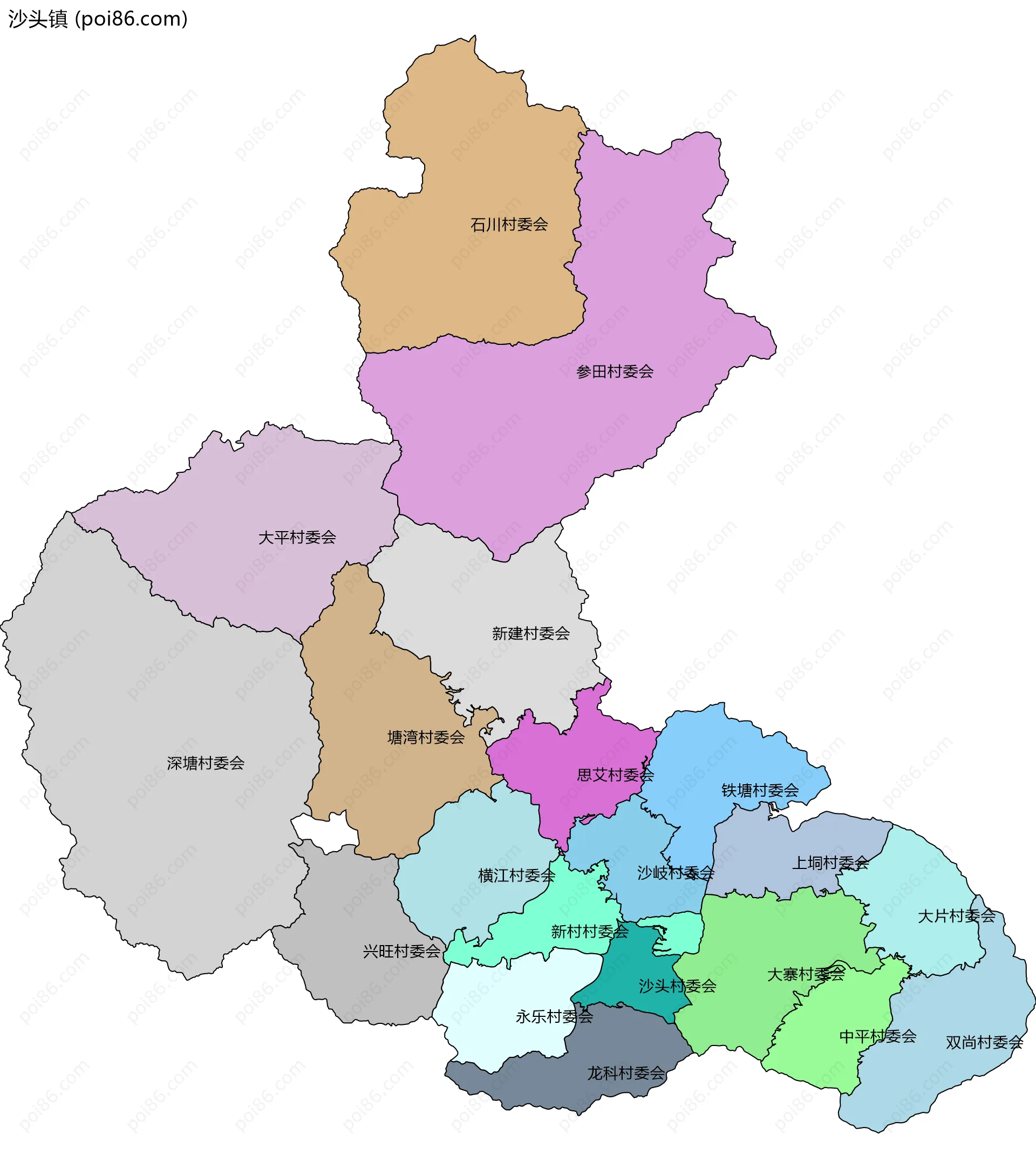 沙头镇边界地图(五级行政区划)