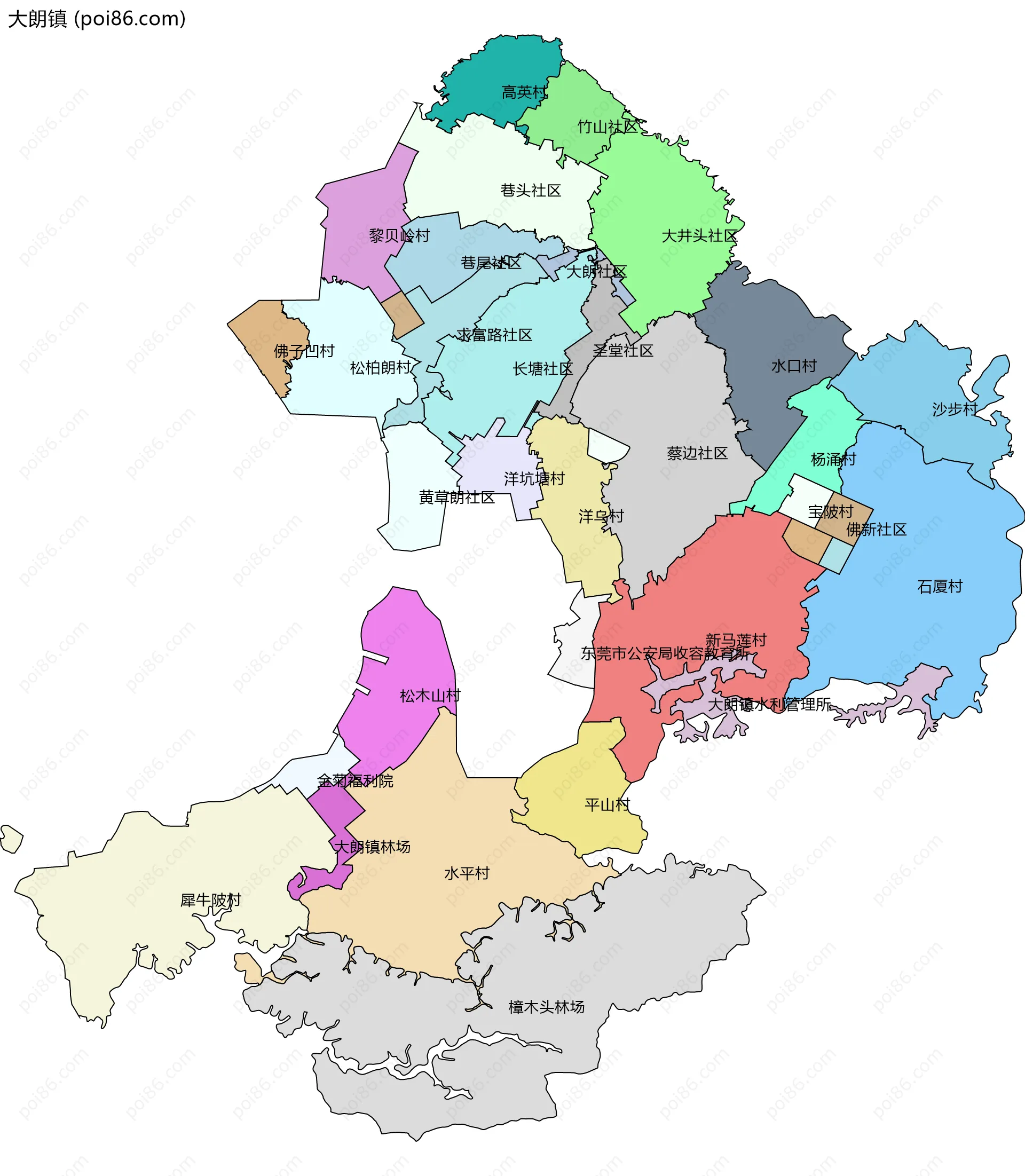 大朗镇边界地图(五级行政区划)