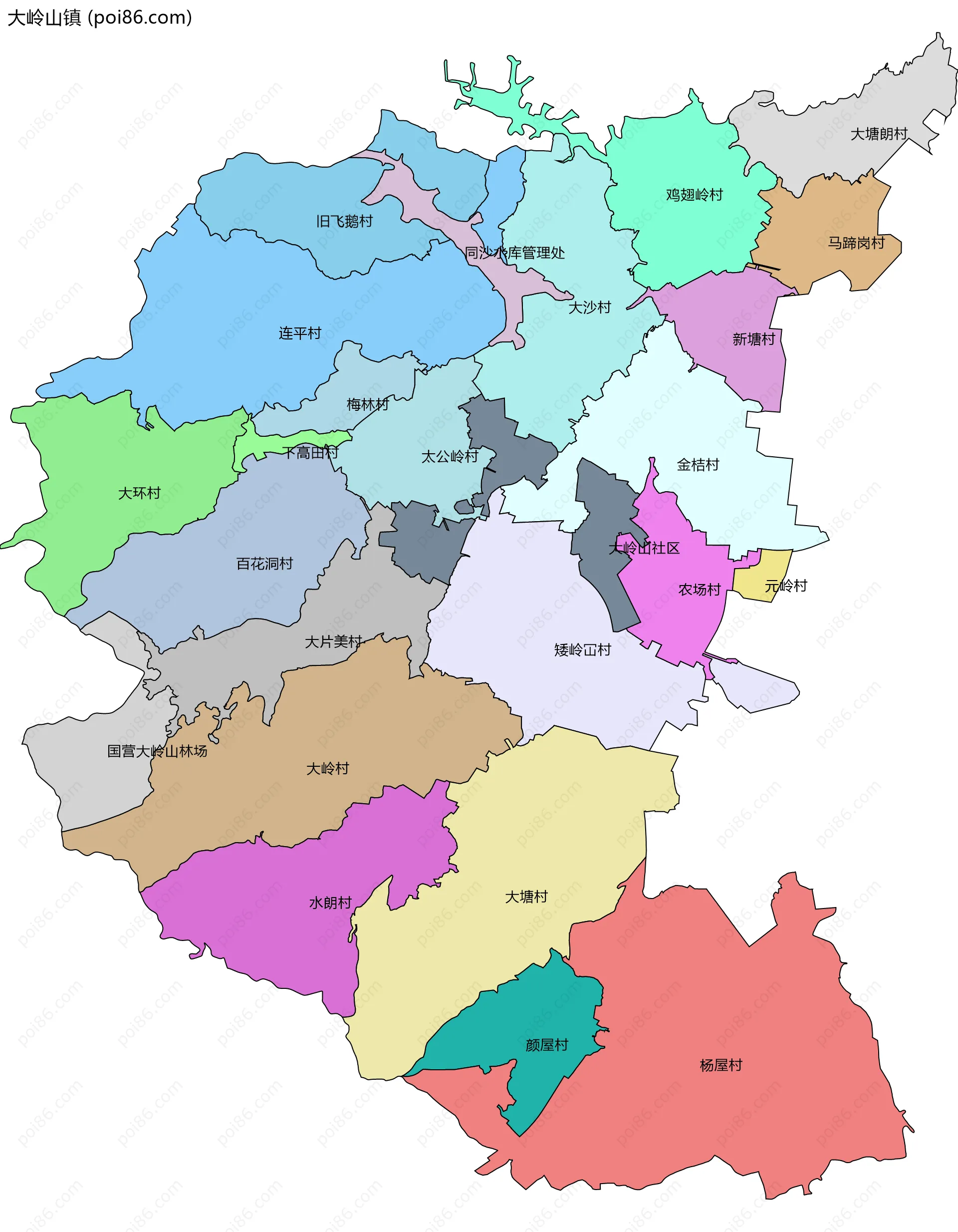 大岭山镇边界地图(五级行政区划)