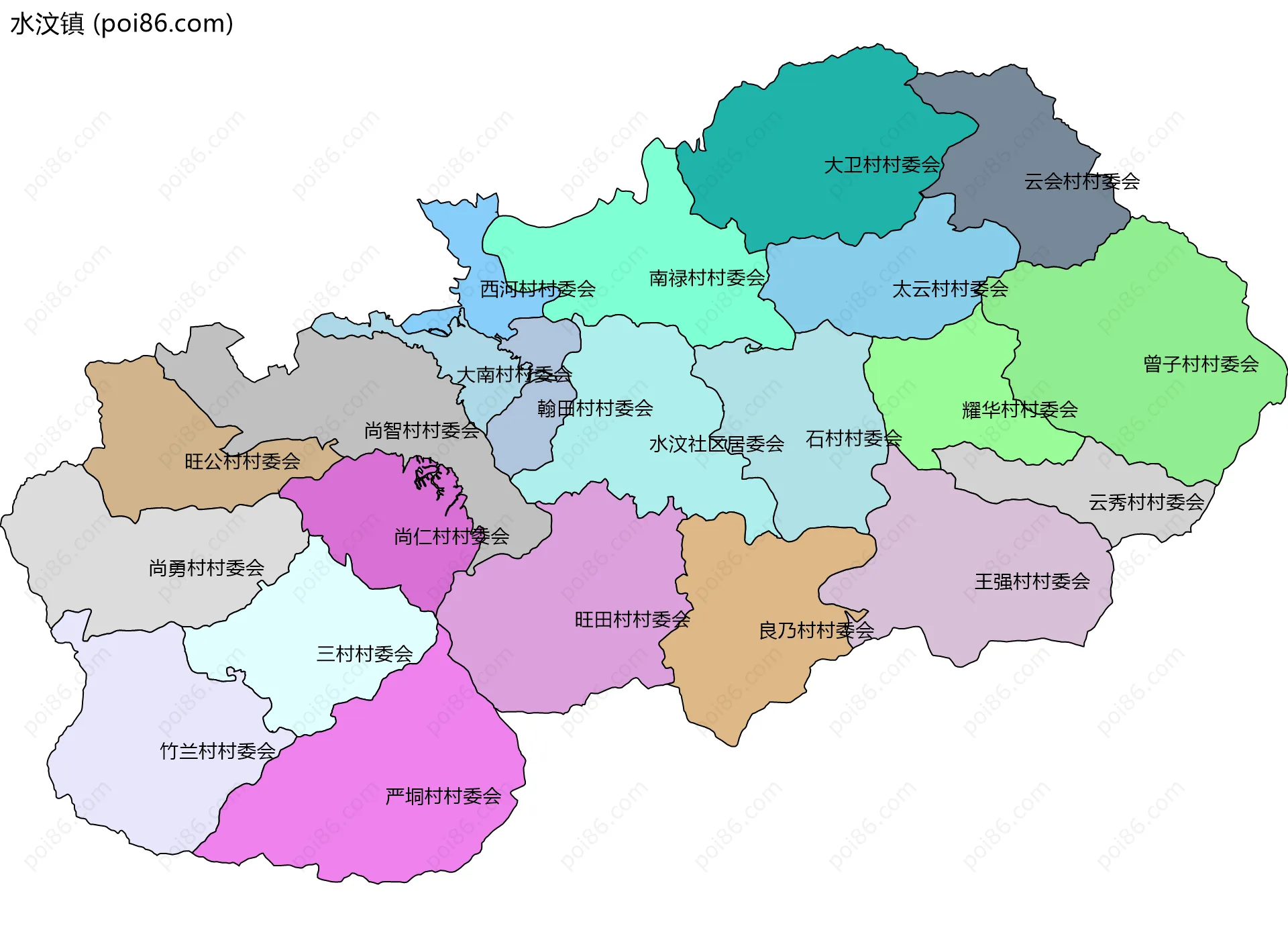 水汶镇边界地图(五级行政区划)