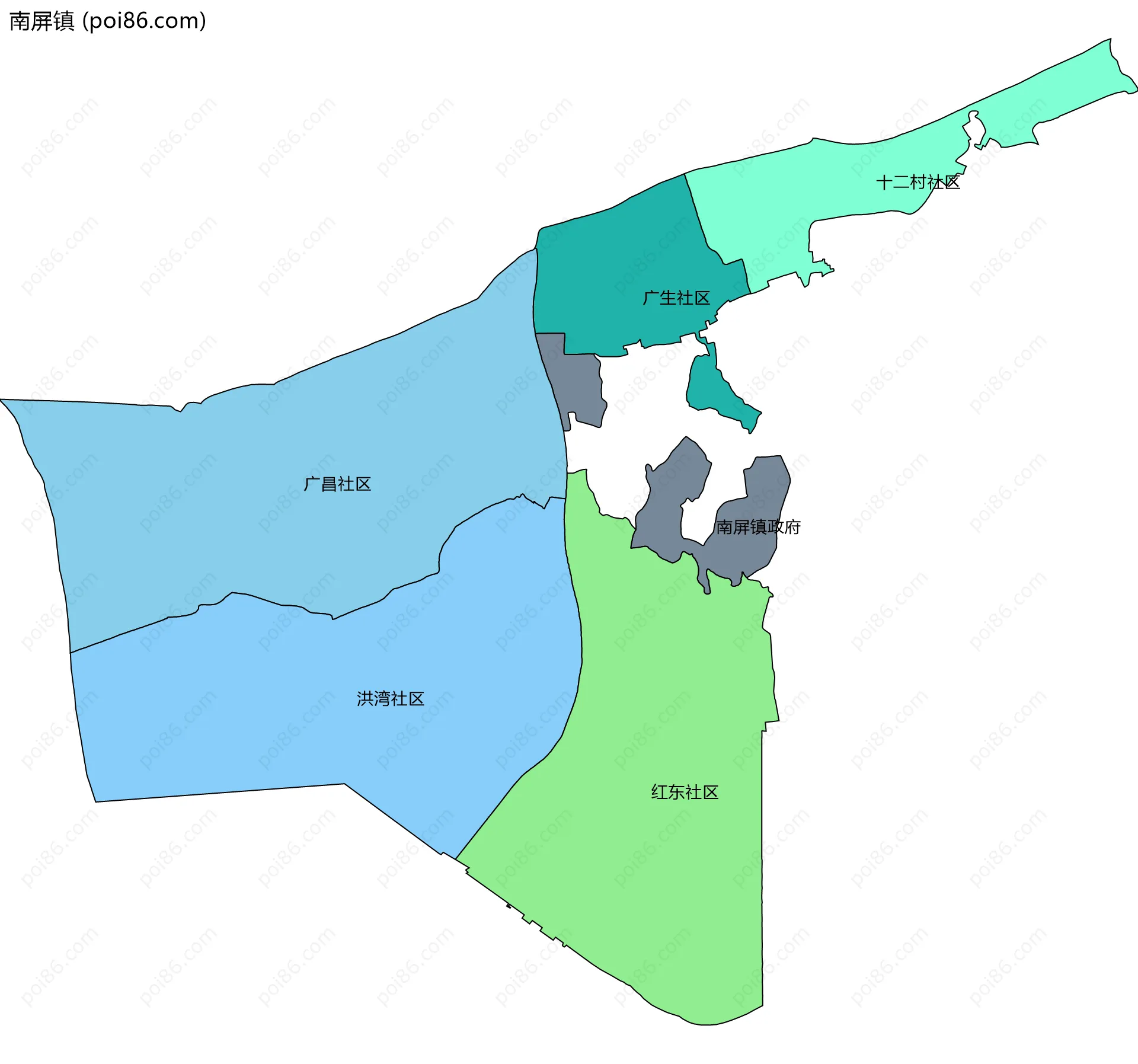 南屏镇边界地图(五级行政区划)